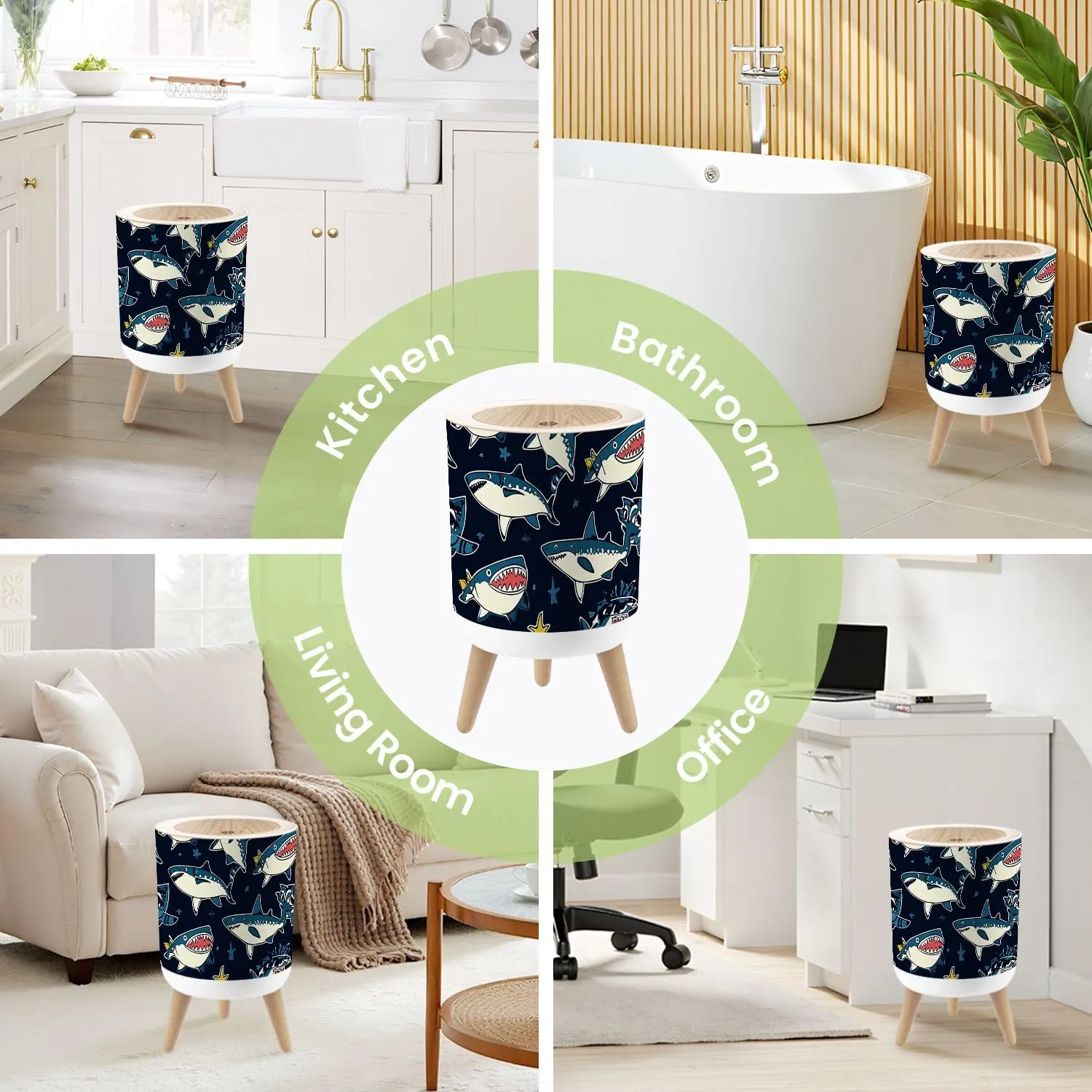 Small Trash Can with Lid Seamless Pattern Cartoon Sharks Elements for Boys Swim wear Round Press Top Garbage Can with Legs Trash Bin Waste Basket for Kitchen Bedroom Bathroom 7L/1.8 Gallon