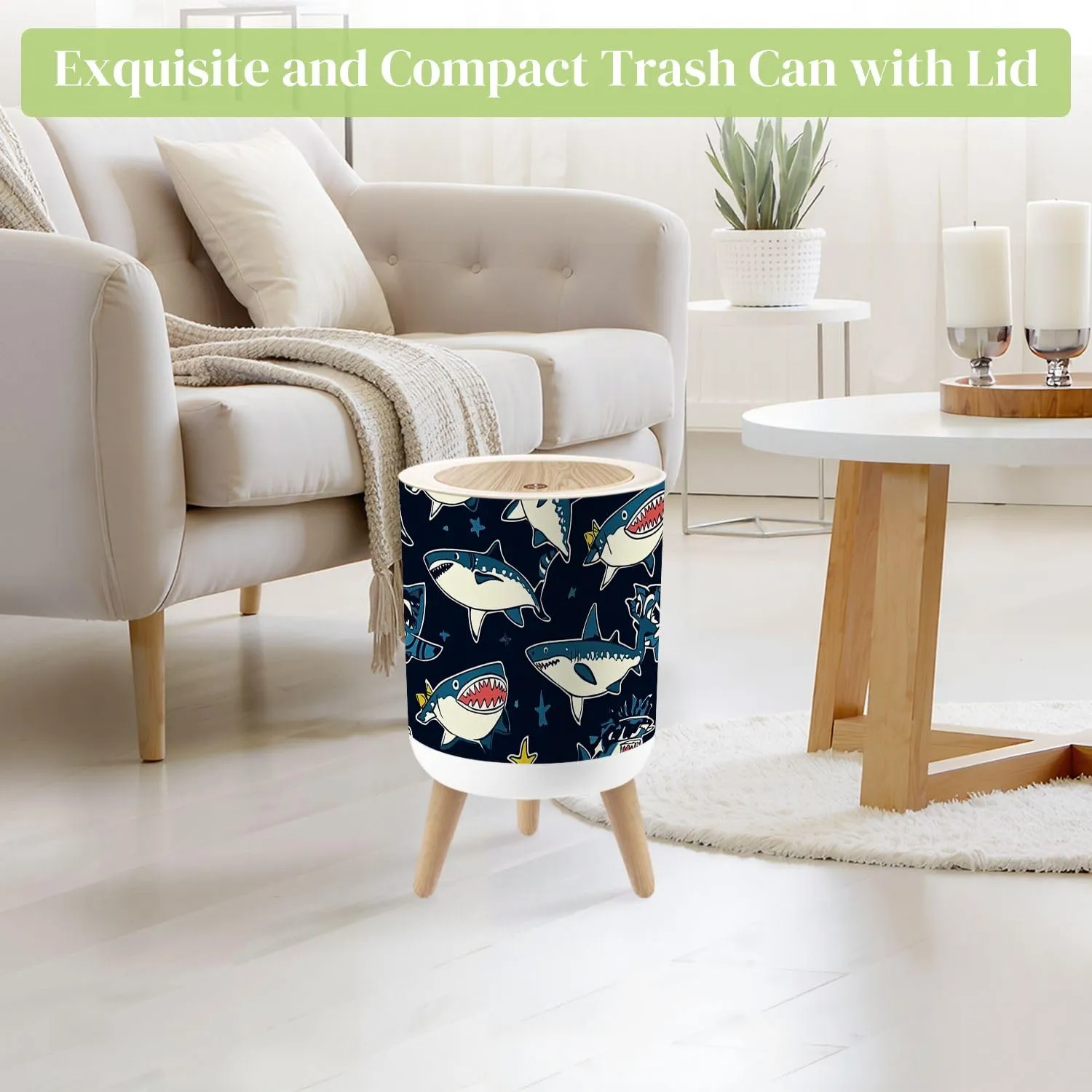 Small Trash Can with Lid Seamless Pattern Cartoon Sharks Elements for Boys Swim wear Round Press Top Garbage Can with Legs Trash Bin Waste Basket for Kitchen Bedroom Bathroom 7L/1.8 Gallon