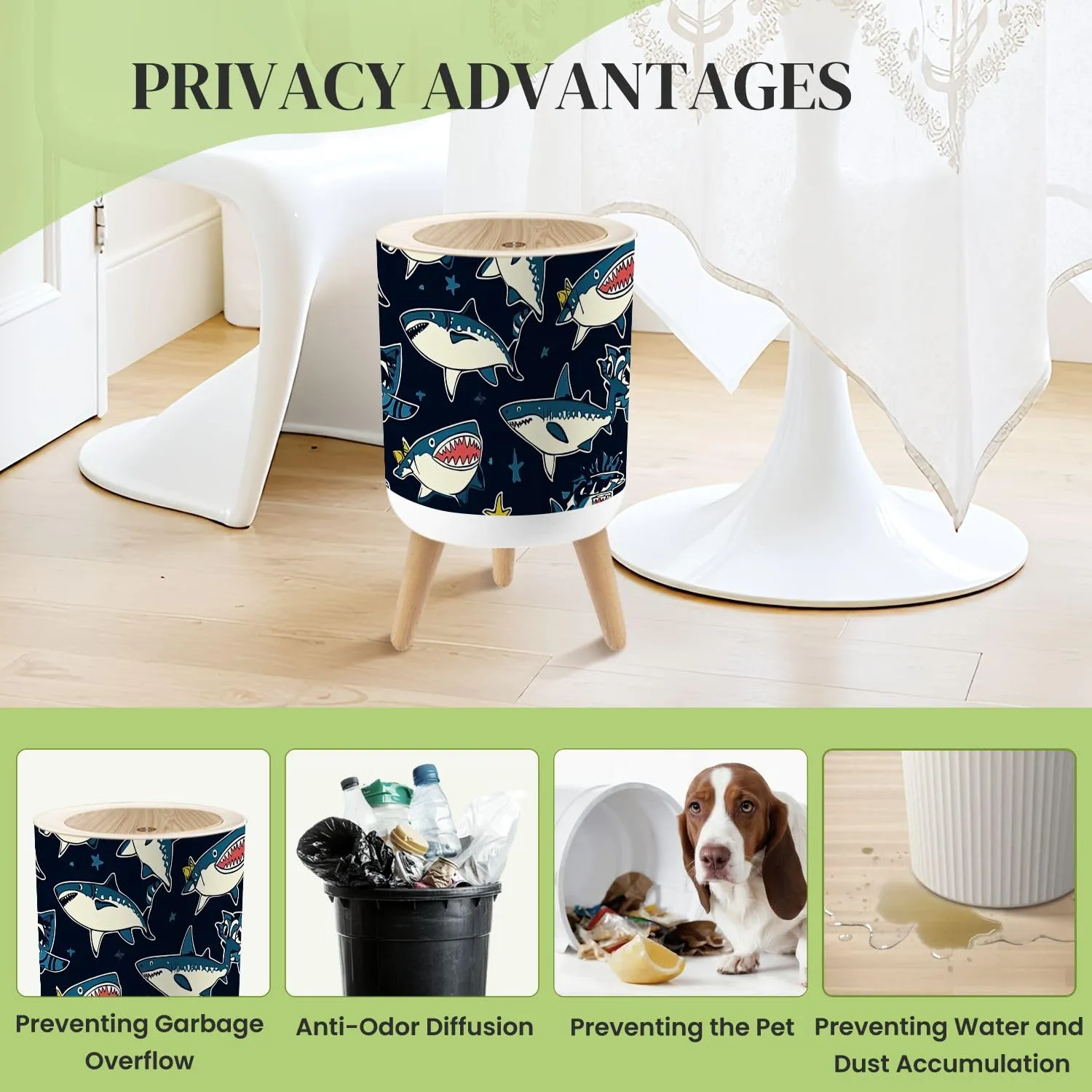 Small Trash Can with Lid Seamless Pattern Cartoon Sharks Elements for Boys Swim wear Round Press Top Garbage Can with Legs Trash Bin Waste Basket for Kitchen Bedroom Bathroom 7L/1.8 Gallon