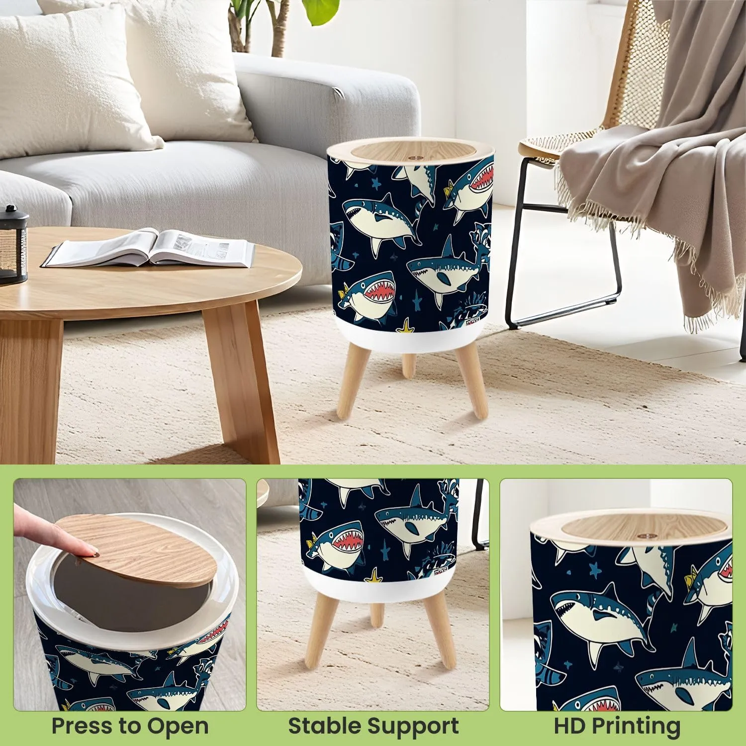 Small Trash Can with Lid Seamless Pattern Cartoon Sharks Elements for Boys Swim wear Round Press Top Garbage Can with Legs Trash Bin Waste Basket for Kitchen Bedroom Bathroom 7L/1.8 Gallon