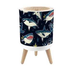 Small Trash Can with Lid Seamless Pattern Cartoon Sharks Elements for Boys Swim wear Round Press Top Garbage Can with Legs Trash Bin Waste Basket for Kitchen Bedroom Bathroom 7L/1.8 Gallon