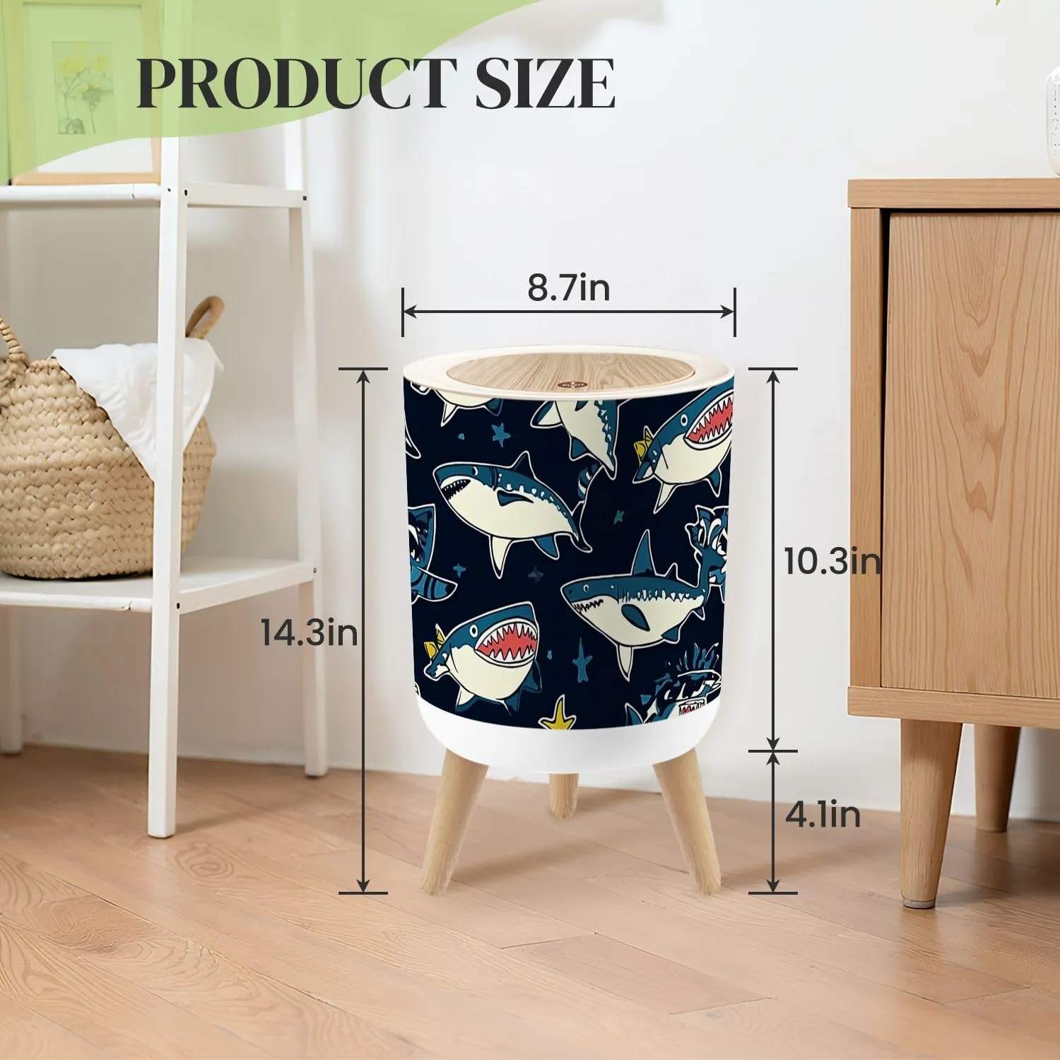 Small Trash Can with Lid Seamless Pattern Cartoon Sharks Elements for Boys Swim wear Round Press Top Garbage Can with Legs Trash Bin Waste Basket for Kitchen Bedroom Bathroom 7L/1.8 Gallon