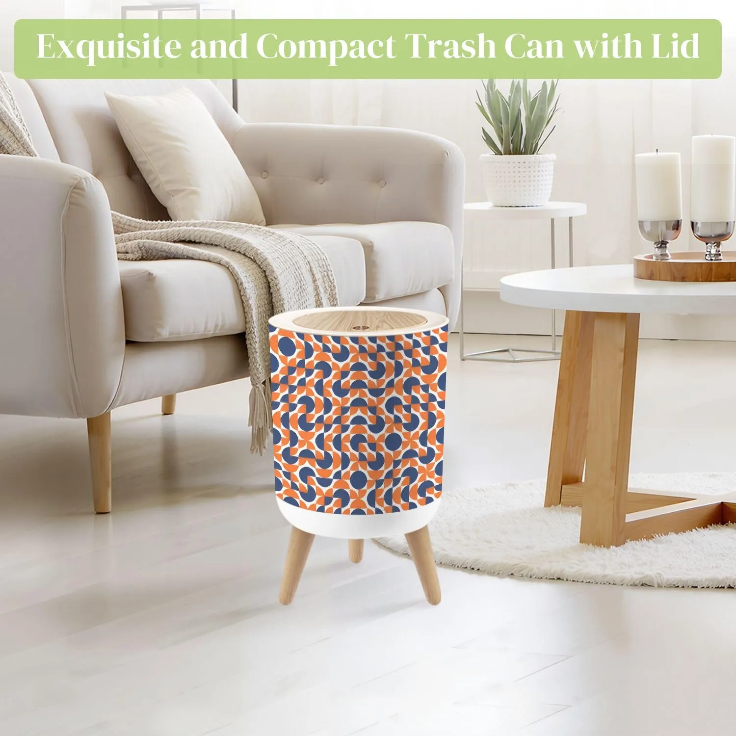 Small Trash Can with Lid Seamless Tiles red White Blue Mid Century Geometric Textile Round Press Top Garbage Can with Legs Trash Bin Waste Basket for Kitchen Bedroom Bathroom 7L/1.8 Gallon