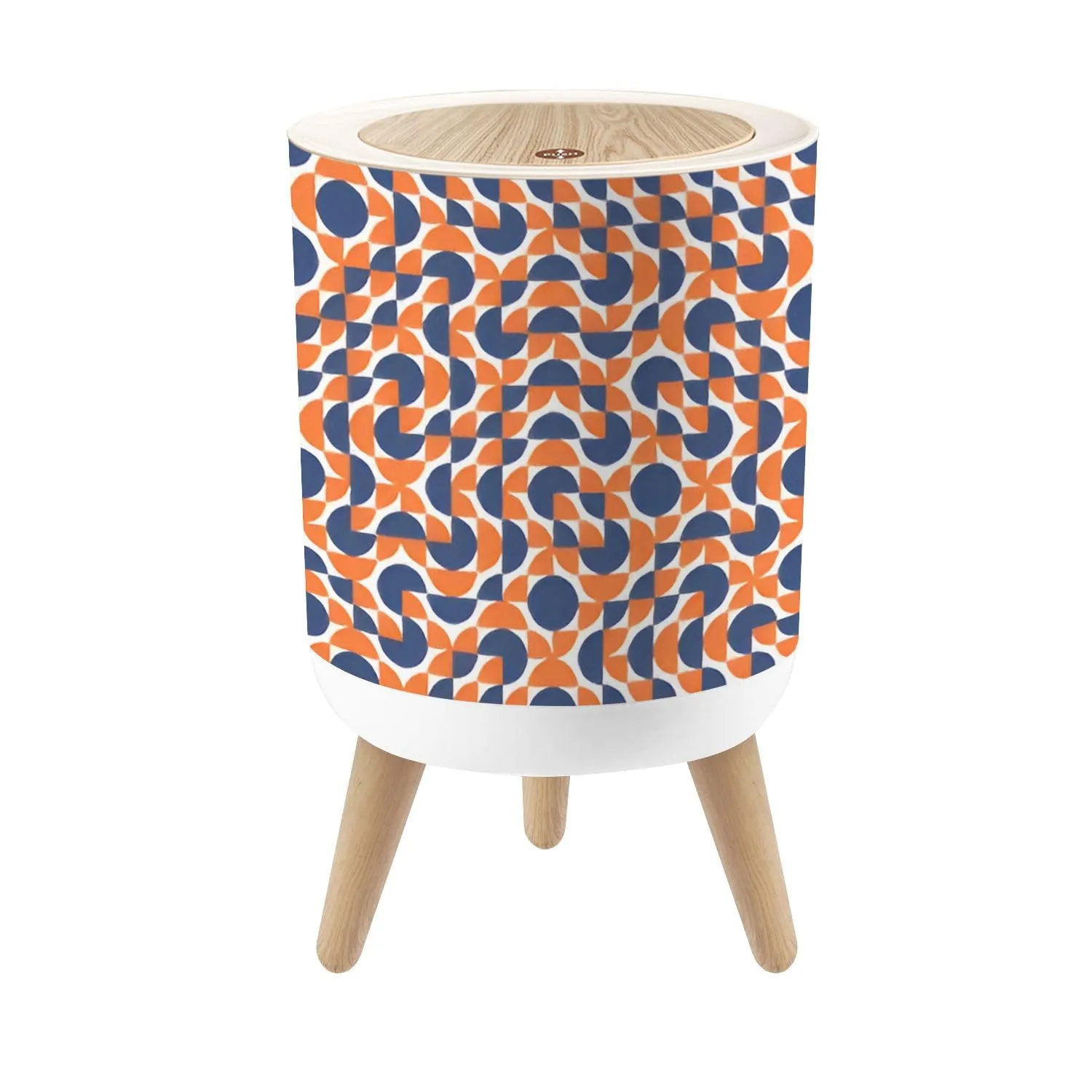Small Trash Can with Lid Seamless Tiles red White Blue Mid Century Geometric Textile Round Press Top Garbage Can with Legs Trash Bin Waste Basket for Kitchen Bedroom Bathroom 7L/1.8 Gallon