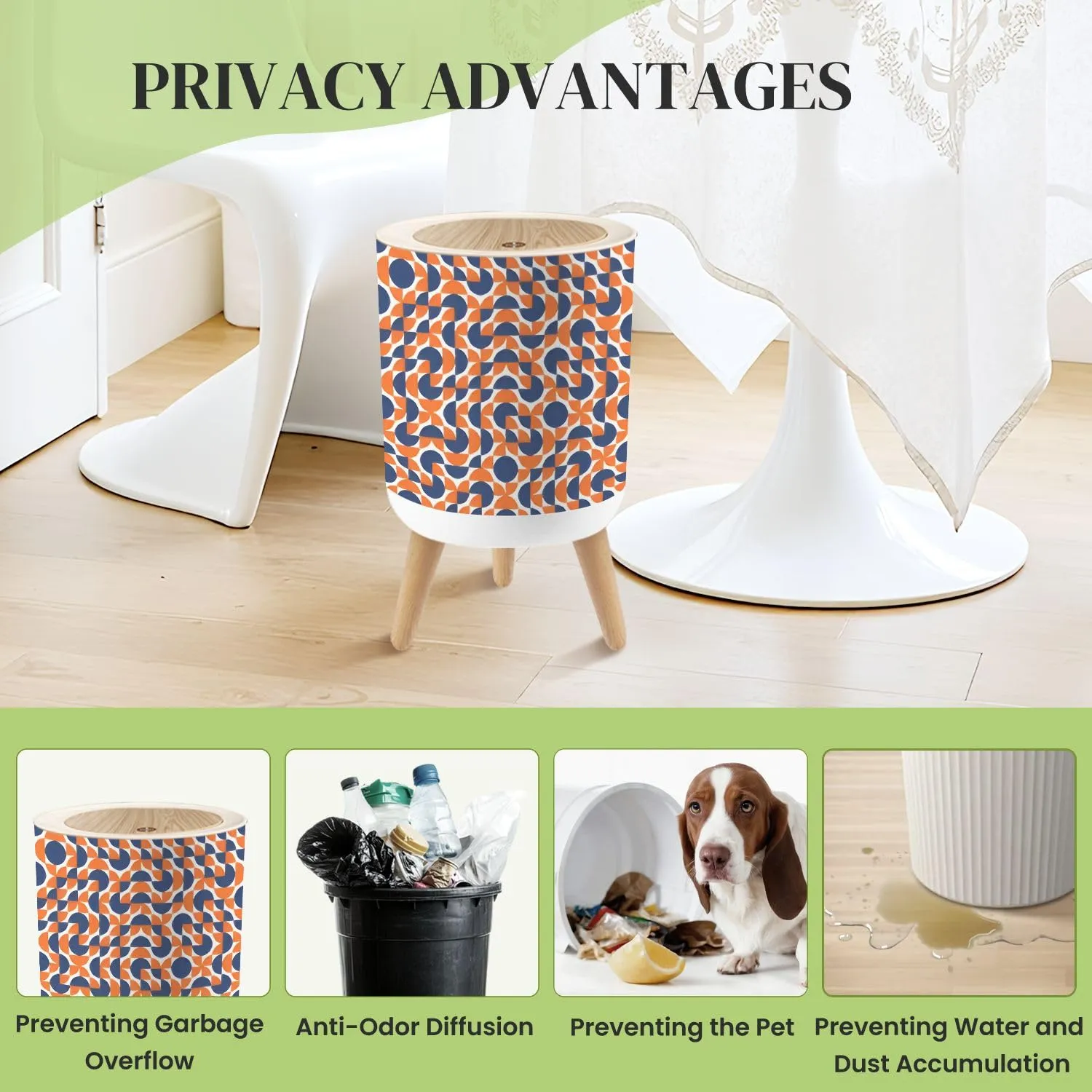 Small Trash Can with Lid Seamless Tiles red White Blue Mid Century Geometric Textile Round Press Top Garbage Can with Legs Trash Bin Waste Basket for Kitchen Bedroom Bathroom 7L/1.8 Gallon