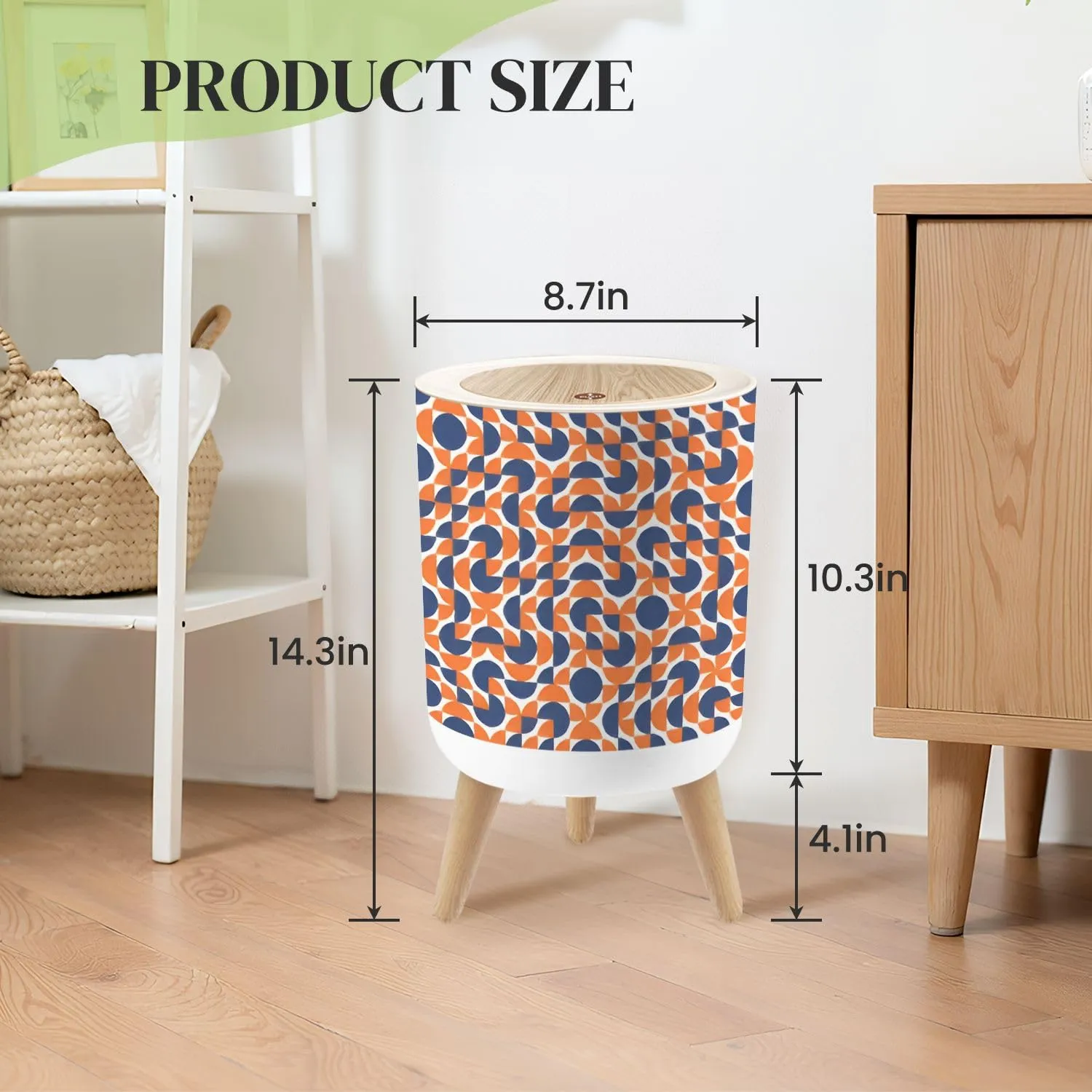 Small Trash Can with Lid Seamless Tiles red White Blue Mid Century Geometric Textile Round Press Top Garbage Can with Legs Trash Bin Waste Basket for Kitchen Bedroom Bathroom 7L/1.8 Gallon