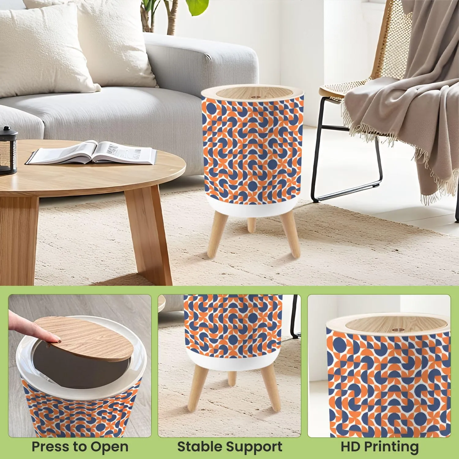 Small Trash Can with Lid Seamless Tiles red White Blue Mid Century Geometric Textile Round Press Top Garbage Can with Legs Trash Bin Waste Basket for Kitchen Bedroom Bathroom 7L/1.8 Gallon