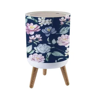 Small Trash Can with Lid Seamless with watercolor flowers navy blue and pink peonies repeat Garbage Bin Wood Waste Bin Press Cover Round Wastebasket for Bathroom Bedroom Diaper Office Kitchen