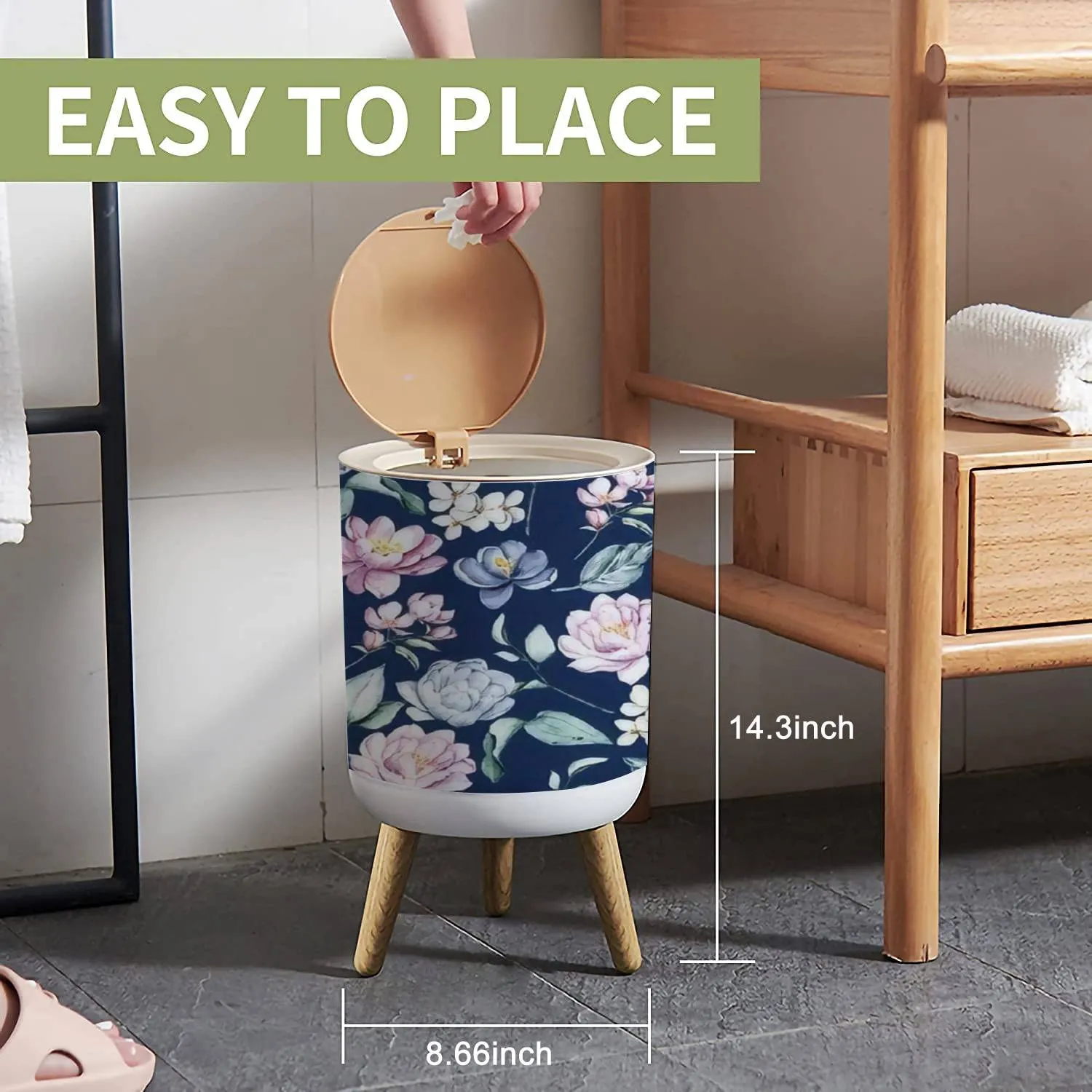 Small Trash Can with Lid Seamless with watercolor flowers navy blue and pink peonies repeat Garbage Bin Wood Waste Bin Press Cover Round Wastebasket for Bathroom Bedroom Diaper Office Kitchen