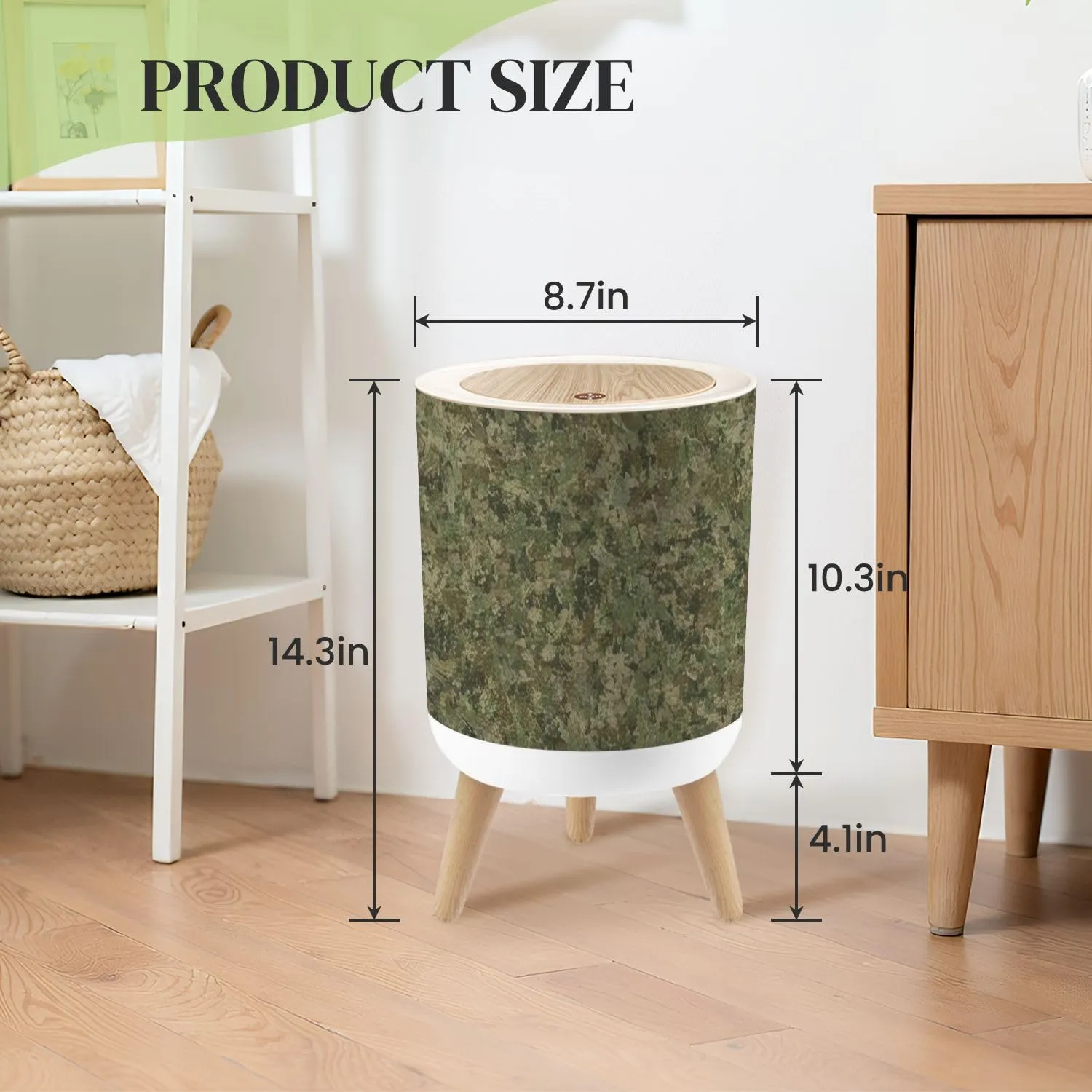 Small Trash Can with Lid Texture Military Camouflage Green Hunting Round Press Top Garbage Can with Legs Trash Bin Waste Basket for Kitchen Bedroom Bathroom 7L/1.8 Gallon
