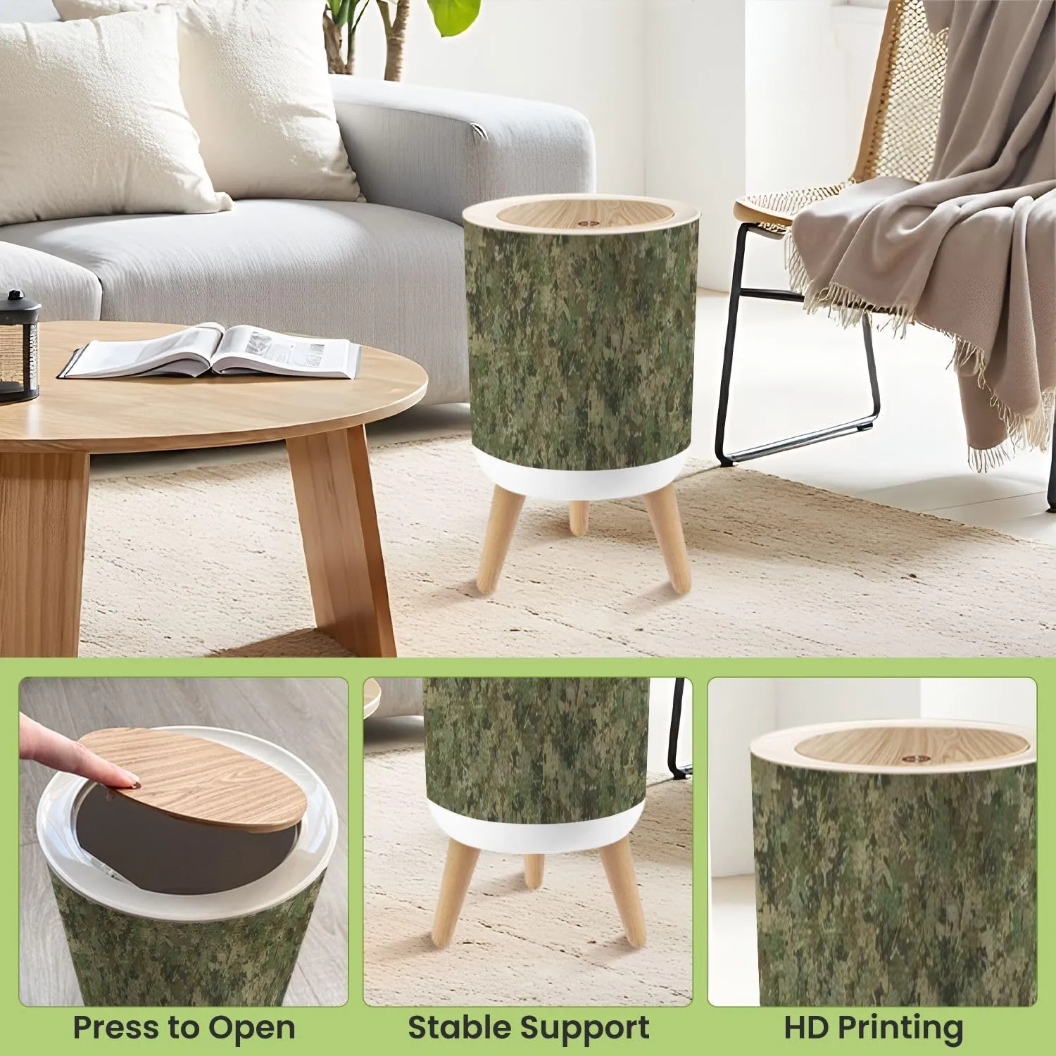 Small Trash Can with Lid Texture Military Camouflage Green Hunting Round Press Top Garbage Can with Legs Trash Bin Waste Basket for Kitchen Bedroom Bathroom 7L/1.8 Gallon