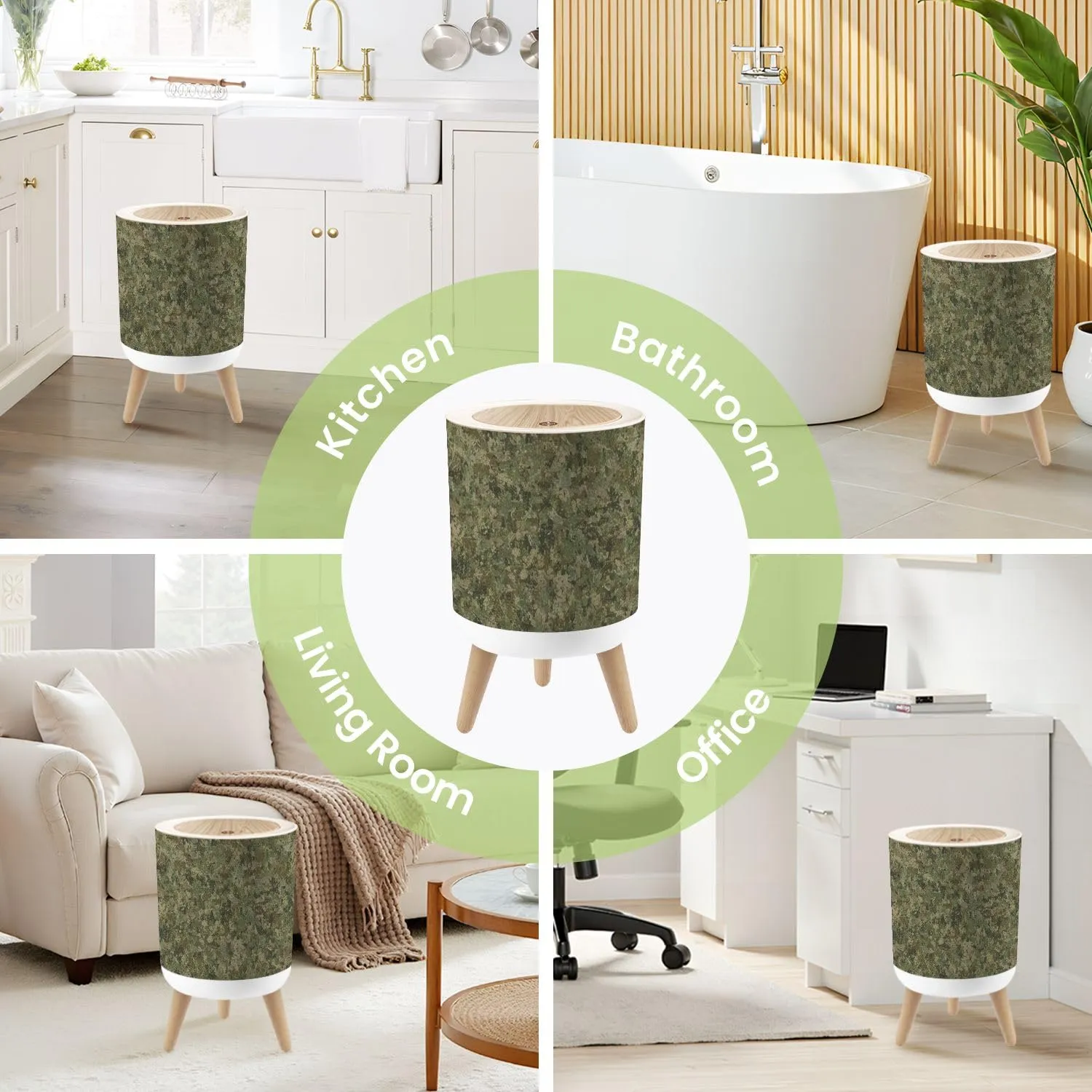 Small Trash Can with Lid Texture Military Camouflage Green Hunting Round Press Top Garbage Can with Legs Trash Bin Waste Basket for Kitchen Bedroom Bathroom 7L/1.8 Gallon