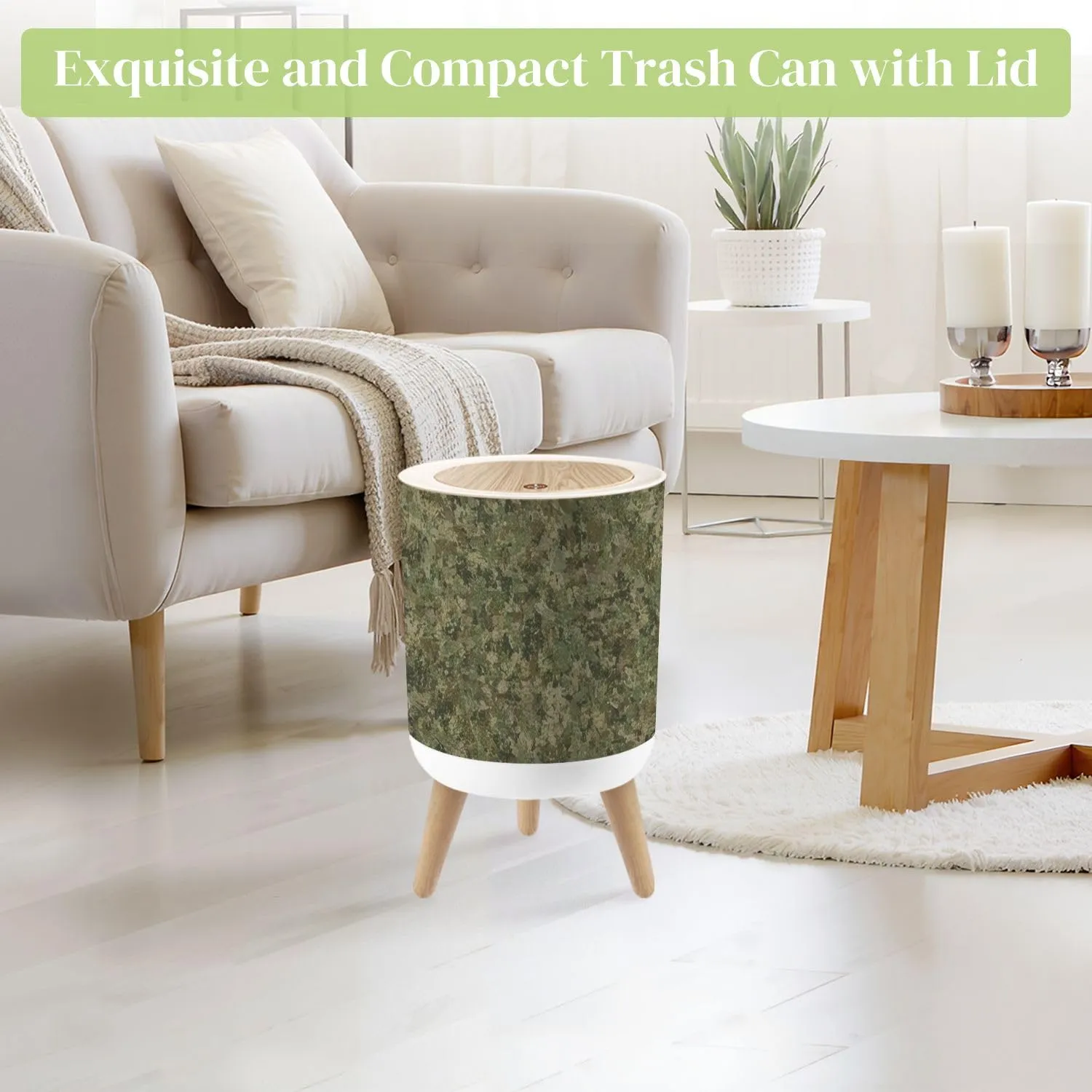 Small Trash Can with Lid Texture Military Camouflage Green Hunting Round Press Top Garbage Can with Legs Trash Bin Waste Basket for Kitchen Bedroom Bathroom 7L/1.8 Gallon