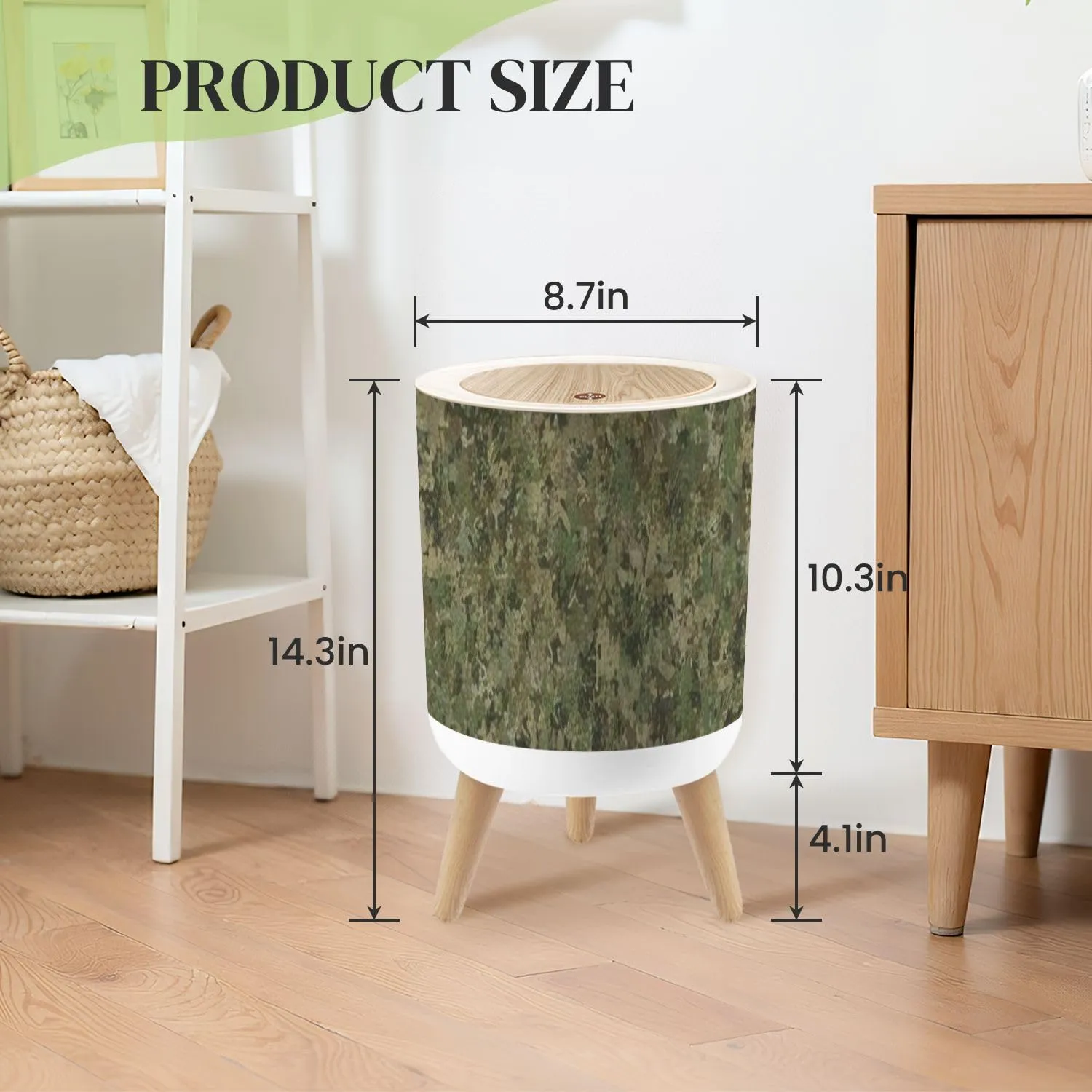 Small Trash Can with Lid Texture Military Camouflage Green Hunting Round Press Top Garbage Can with Legs Trash Bin Waste Basket for Kitchen Bedroom Bathroom 7L/1.8 Gallon