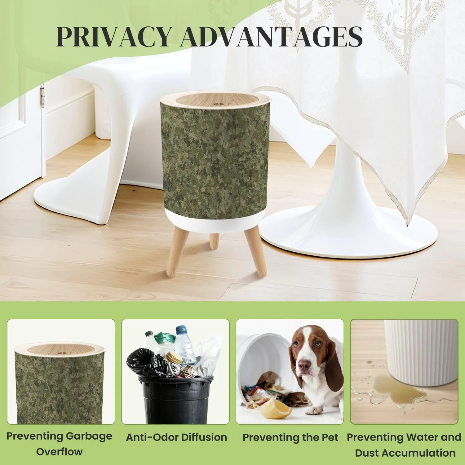 Small Trash Can with Lid Texture Military Camouflage Green Hunting Round Press Top Garbage Can with Legs Trash Bin Waste Basket for Kitchen Bedroom Bathroom 7L/1.8 Gallon