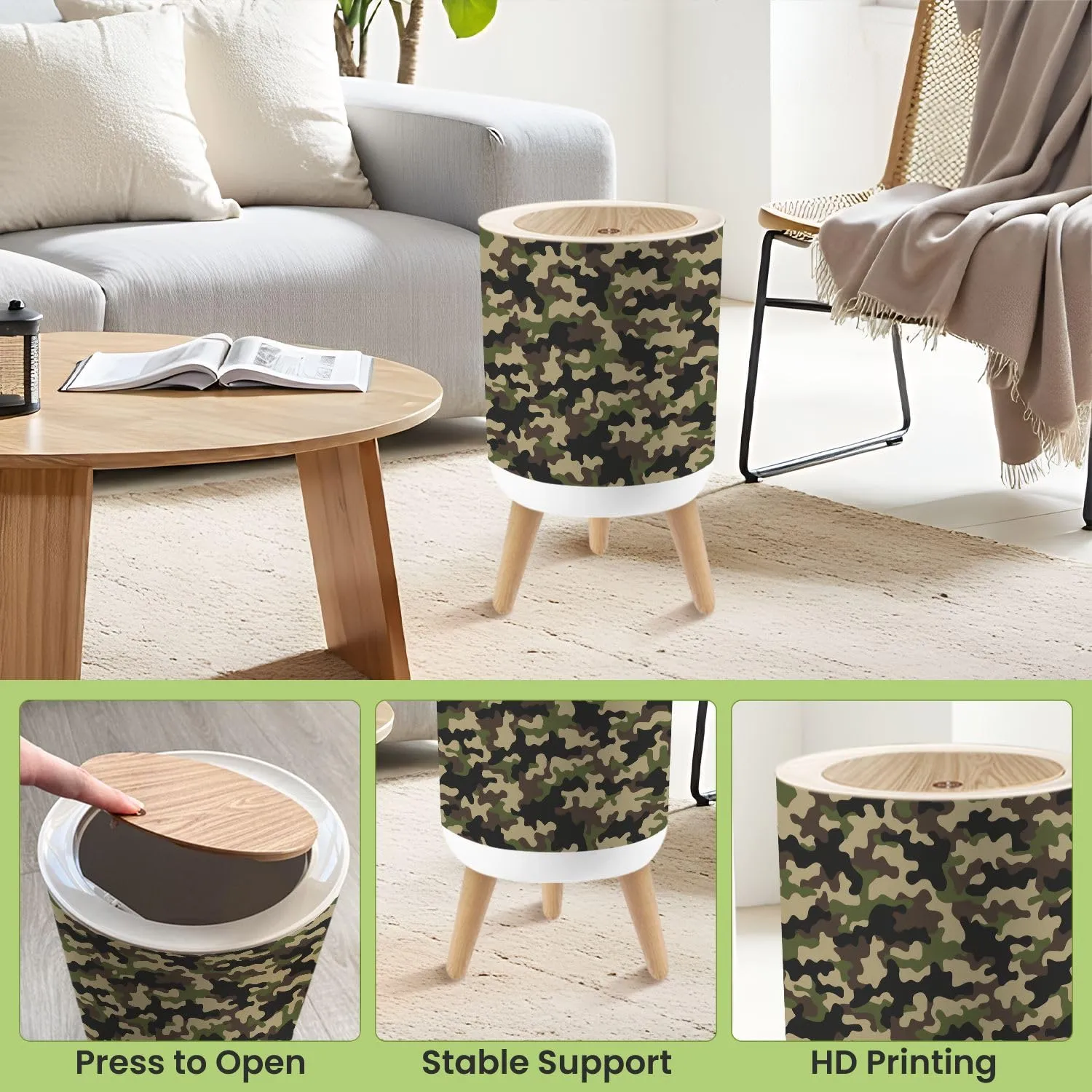 Small Trash Can with Lid Texture Military Camouflage Seamless Abstract Hunting Round Press Top Garbage Can with Legs Trash Bin Waste Basket for Kitchen Bedroom Bathroom 7L/1.8 Gallon