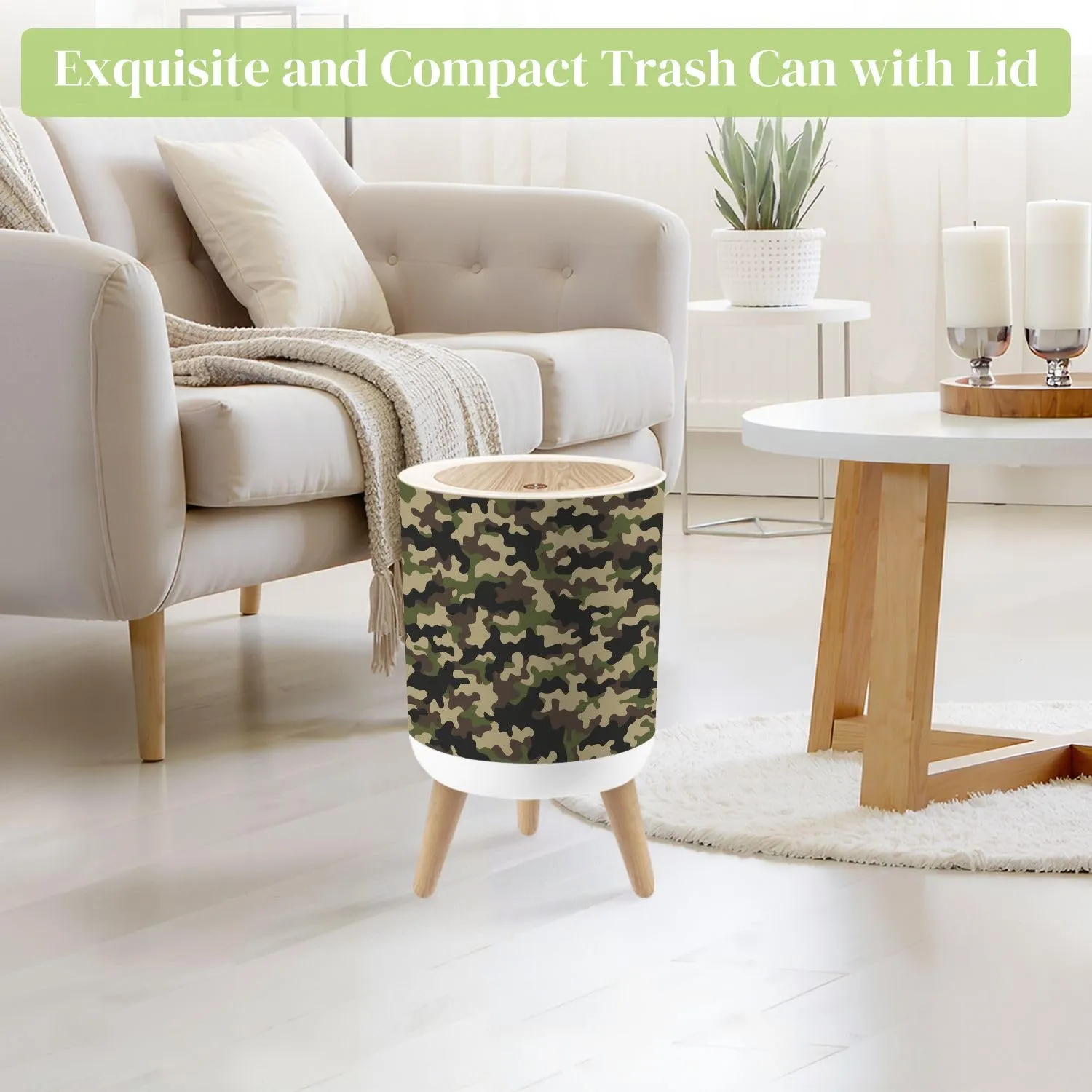 Small Trash Can with Lid Texture Military Camouflage Seamless Abstract Hunting Round Press Top Garbage Can with Legs Trash Bin Waste Basket for Kitchen Bedroom Bathroom 7L/1.8 Gallon