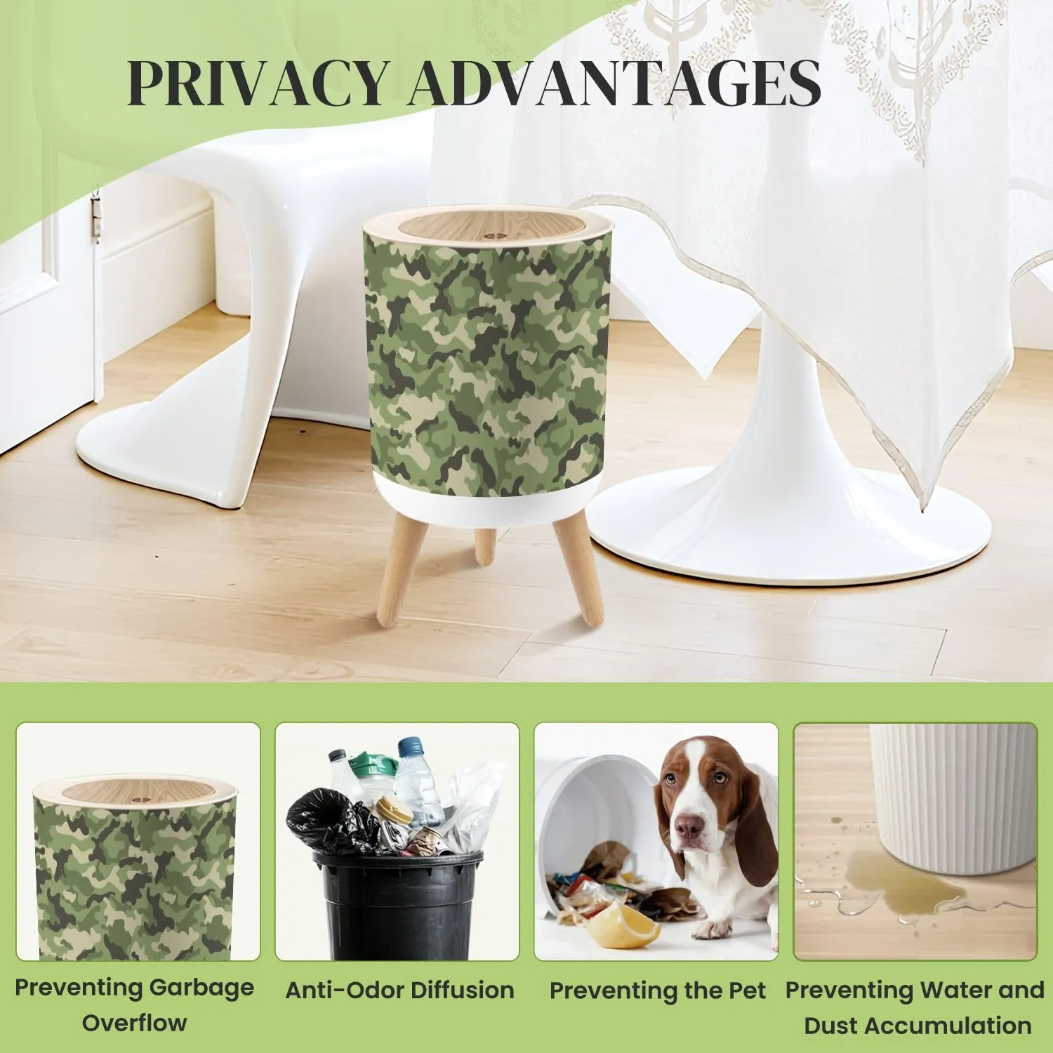 Small Trash Can with Lid Trendy camouflage military pattern camouflage pattern for clothing Round Press Top Garbage Can with Legs Trash Bin Waste Basket for Kitchen Bedroom Bathroom 7L/1.8 Gallon