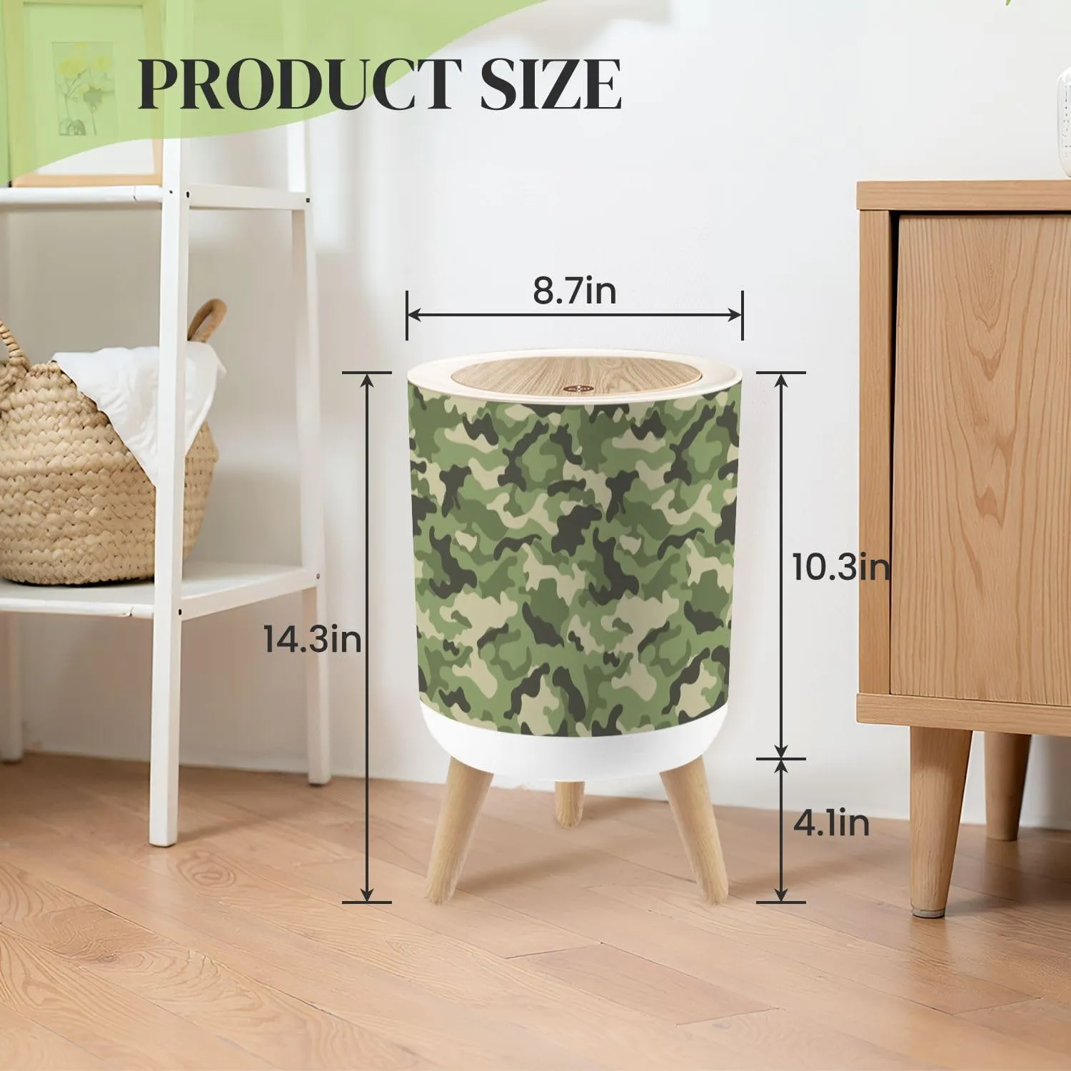Small Trash Can with Lid Trendy camouflage military pattern camouflage pattern for clothing Round Press Top Garbage Can with Legs Trash Bin Waste Basket for Kitchen Bedroom Bathroom 7L/1.8 Gallon