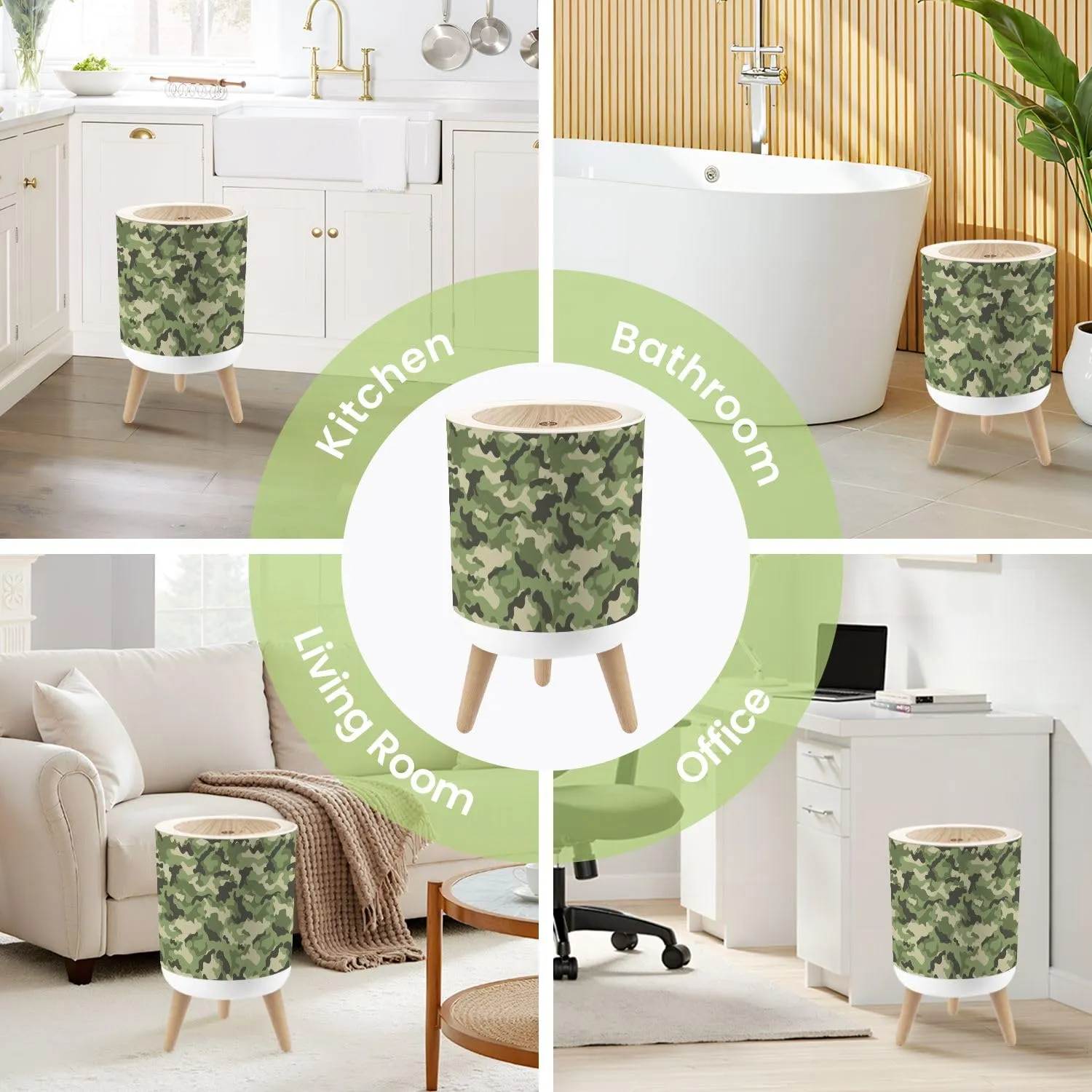 Small Trash Can with Lid Trendy camouflage military pattern camouflage pattern for clothing Round Press Top Garbage Can with Legs Trash Bin Waste Basket for Kitchen Bedroom Bathroom 7L/1.8 Gallon