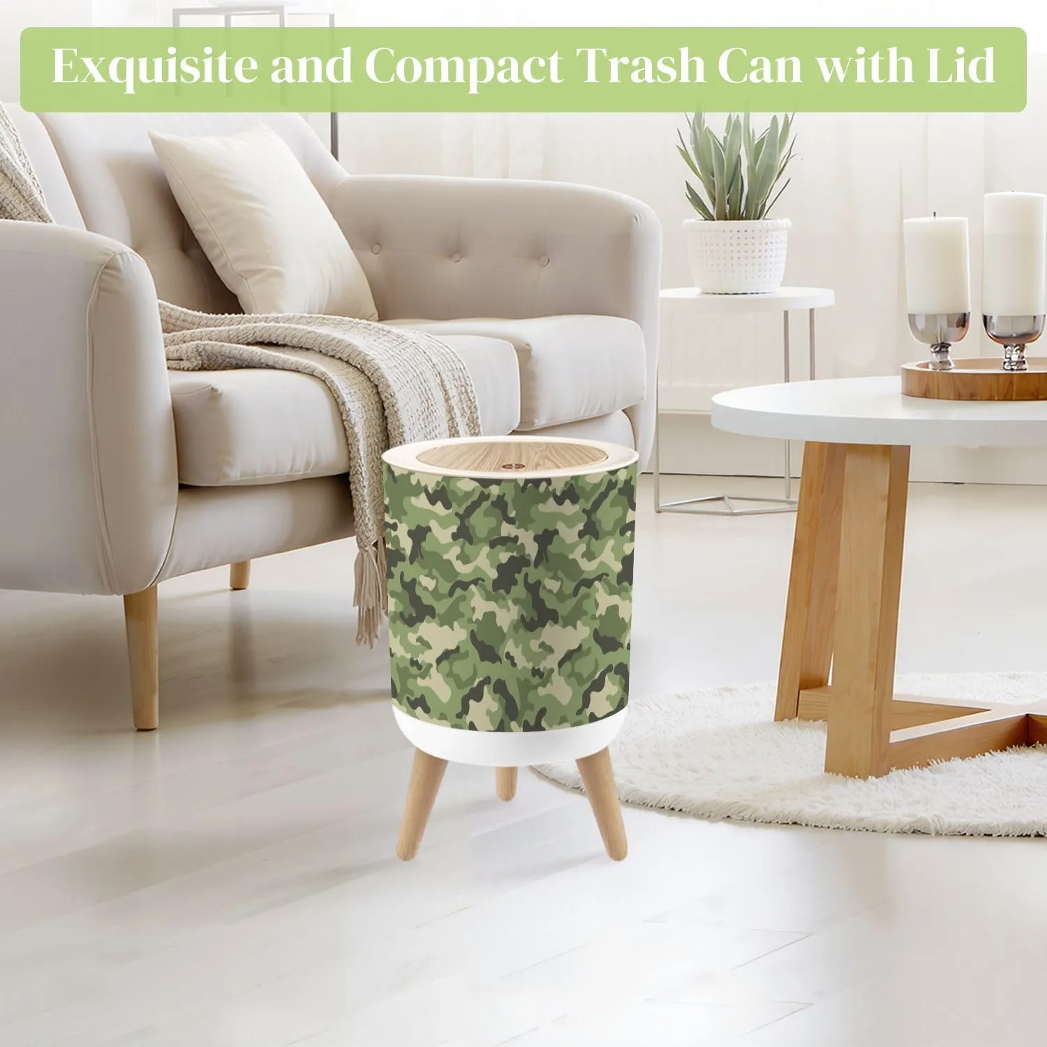 Small Trash Can with Lid Trendy camouflage military pattern camouflage pattern for clothing Round Press Top Garbage Can with Legs Trash Bin Waste Basket for Kitchen Bedroom Bathroom 7L/1.8 Gallon