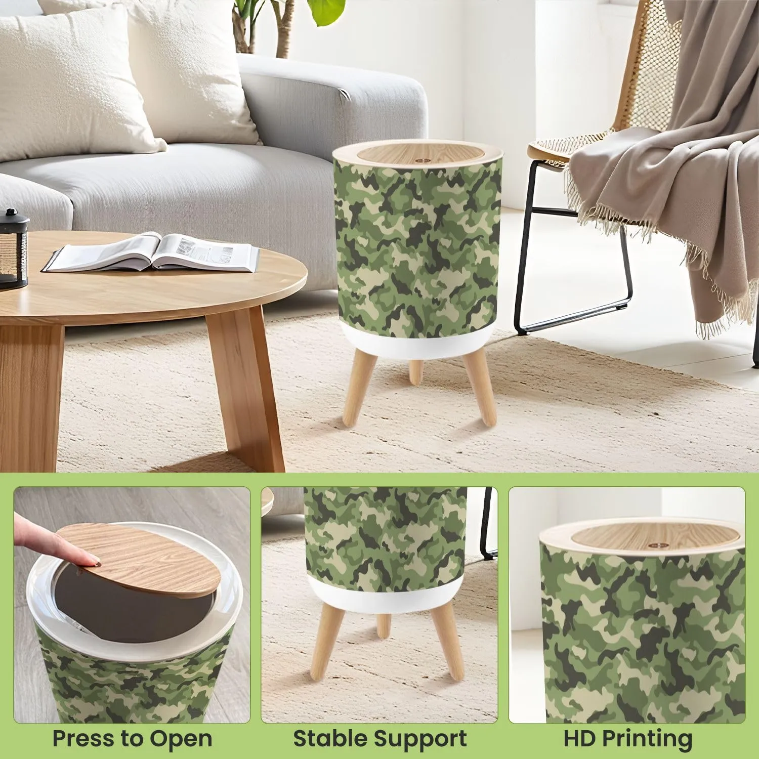 Small Trash Can with Lid Trendy camouflage military pattern camouflage pattern for clothing Round Press Top Garbage Can with Legs Trash Bin Waste Basket for Kitchen Bedroom Bathroom 7L/1.8 Gallon