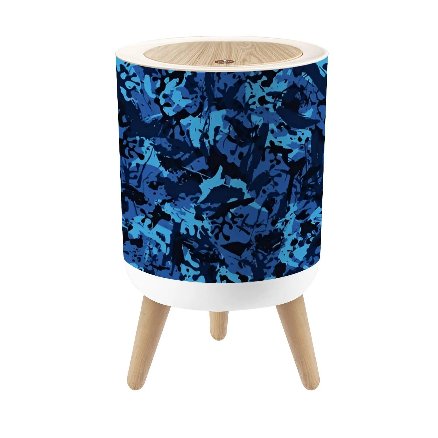 Small Trash Can with Lid Urban ultramarine camouflage modern military Grunge pattern Blue sea Round Press Top Garbage Can with Legs Trash Bin Waste Basket for Kitchen Bedroom Bathroom 7L/1.8 Gallon