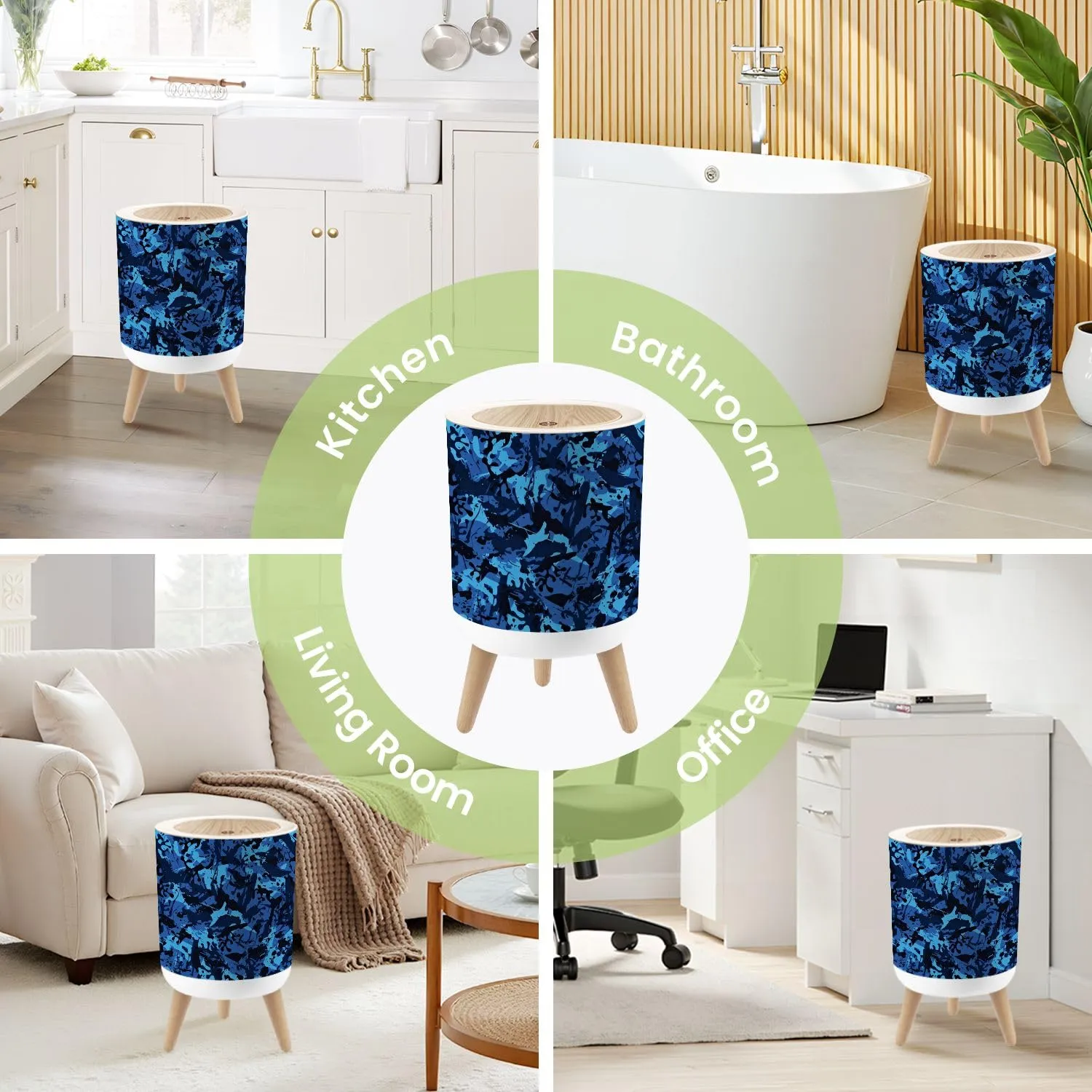 Small Trash Can with Lid Urban ultramarine camouflage modern military Grunge pattern Blue sea Round Press Top Garbage Can with Legs Trash Bin Waste Basket for Kitchen Bedroom Bathroom 7L/1.8 Gallon