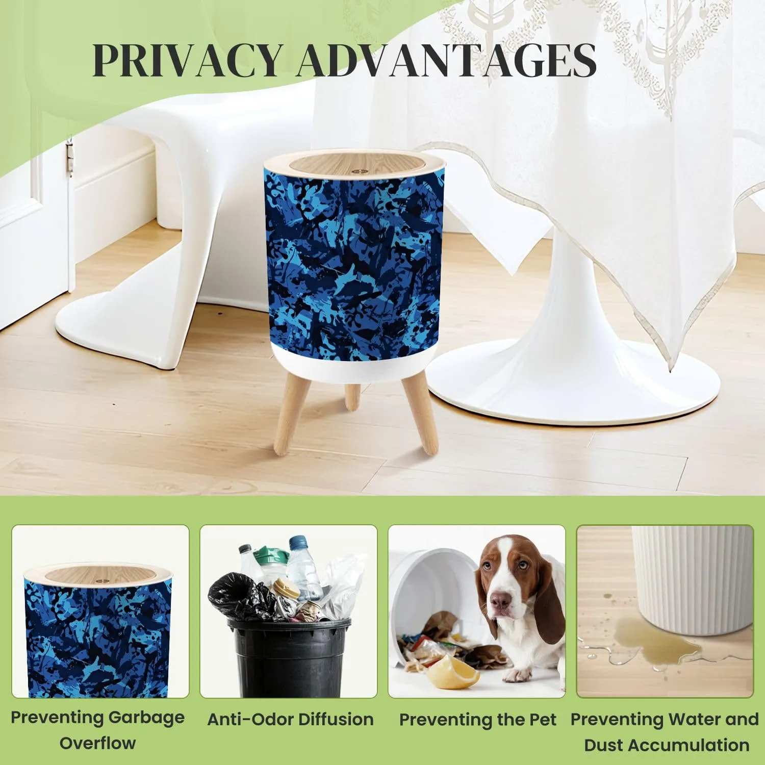 Small Trash Can with Lid Urban ultramarine camouflage modern military Grunge pattern Blue sea Round Press Top Garbage Can with Legs Trash Bin Waste Basket for Kitchen Bedroom Bathroom 7L/1.8 Gallon