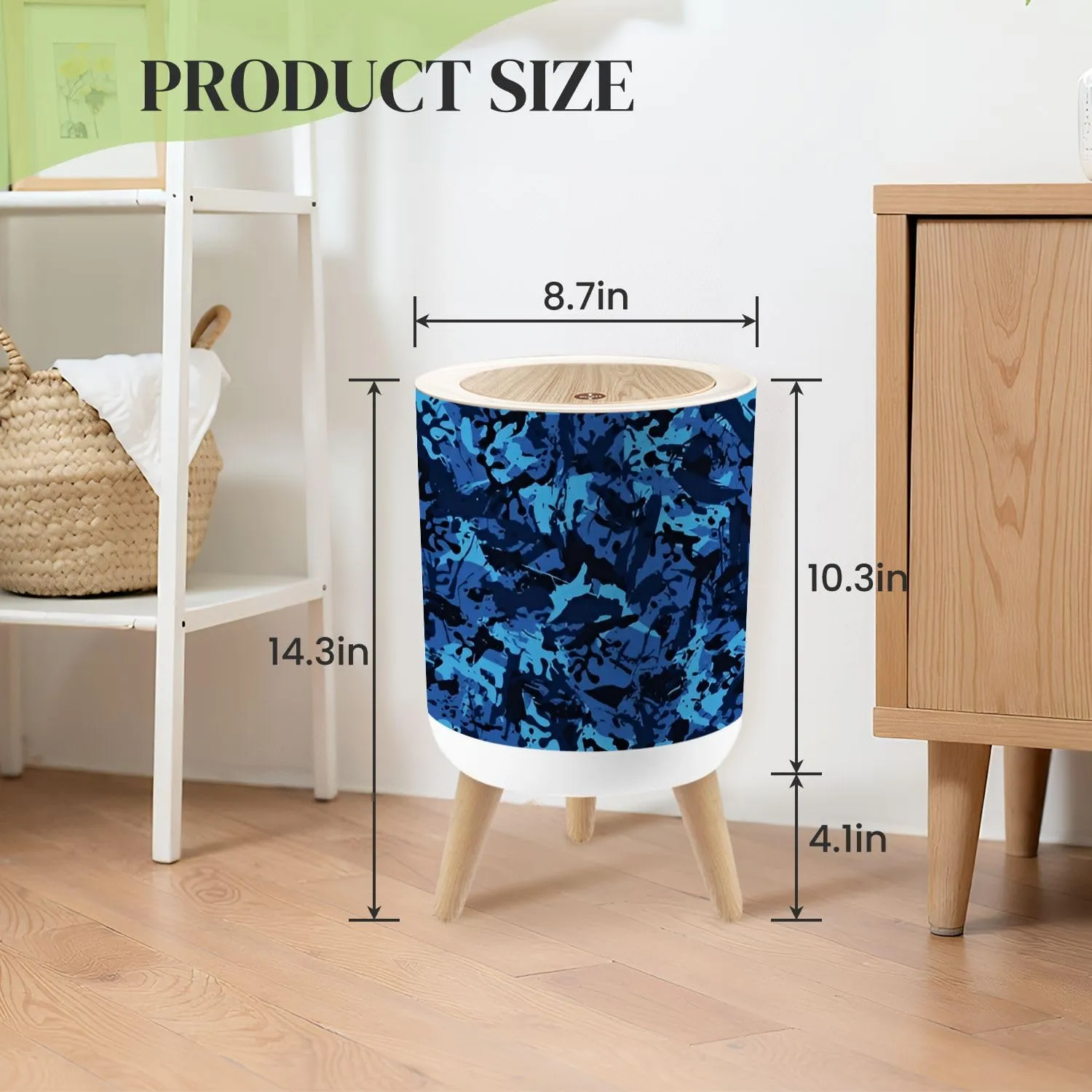 Small Trash Can with Lid Urban ultramarine camouflage modern military Grunge pattern Blue sea Round Press Top Garbage Can with Legs Trash Bin Waste Basket for Kitchen Bedroom Bathroom 7L/1.8 Gallon