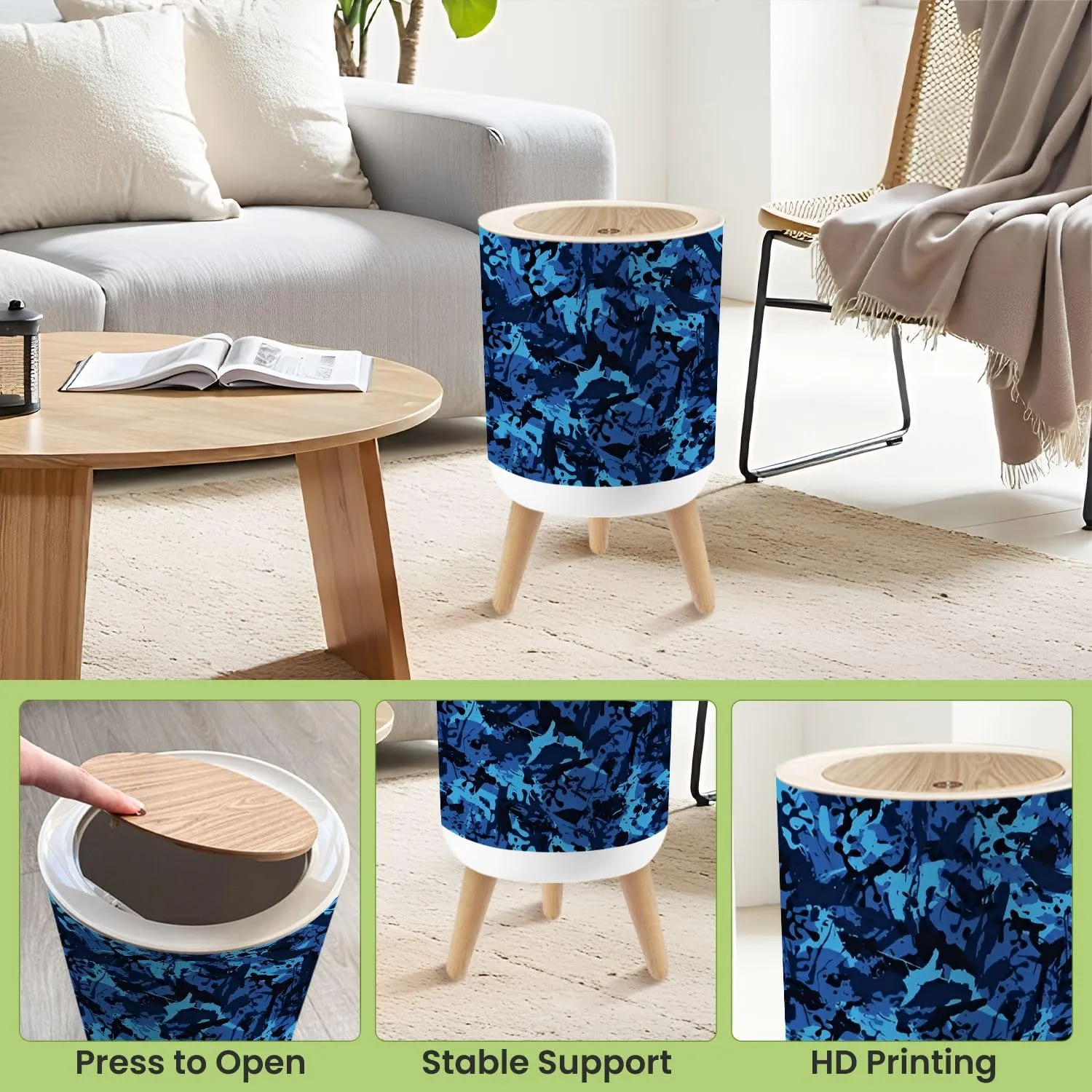 Small Trash Can with Lid Urban ultramarine camouflage modern military Grunge pattern Blue sea Round Press Top Garbage Can with Legs Trash Bin Waste Basket for Kitchen Bedroom Bathroom 7L/1.8 Gallon