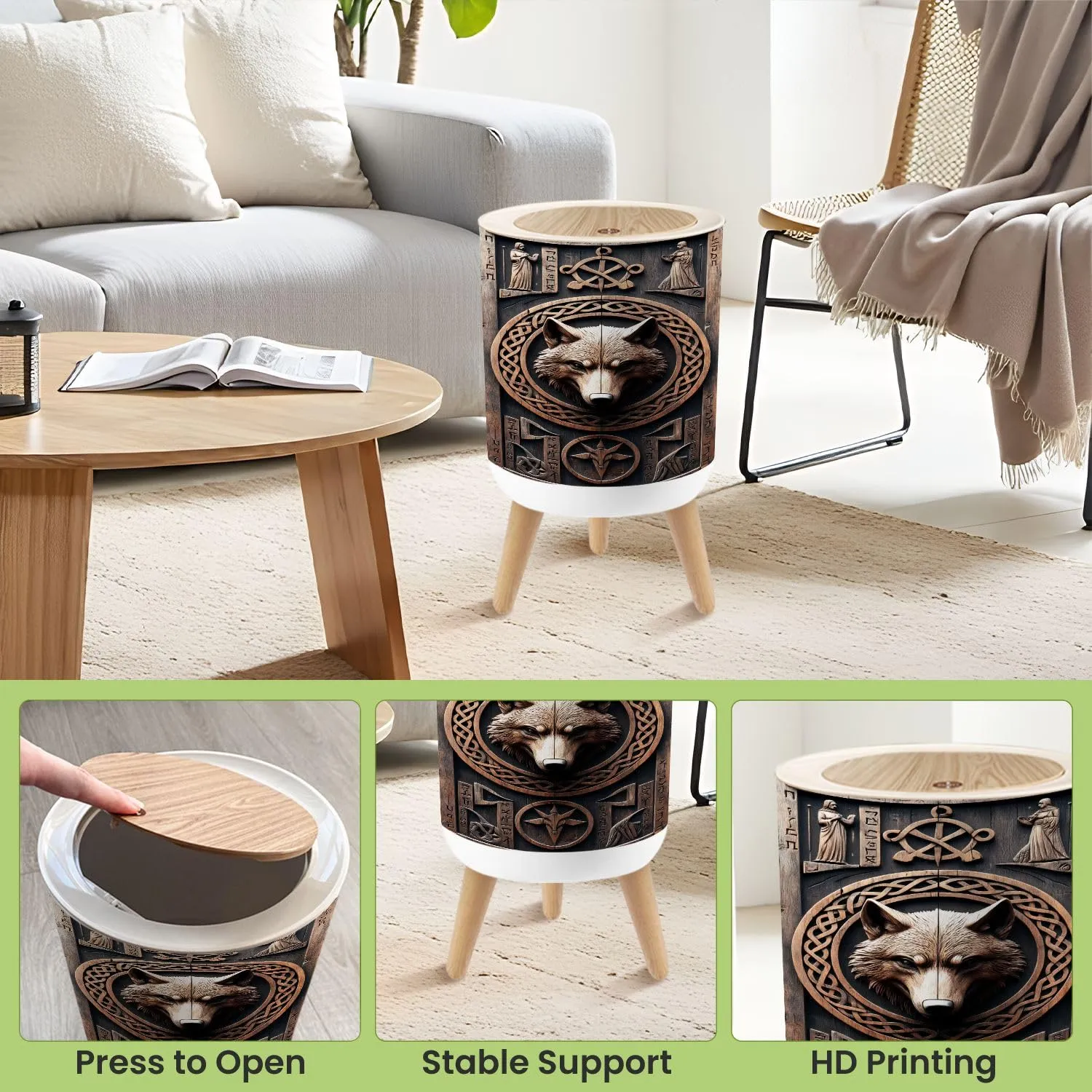 Small Trash Can with Lid Wolf Norse 3D Look Wood Carving Viking Fenrir Theme Head Knotwork Round Press Top Garbage Can with Legs Trash Bin Waste Basket for Kitchen Bedroom Bathroom 7L/1.8 Gallon