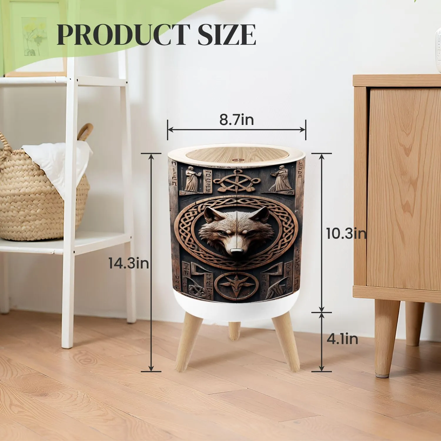 Small Trash Can with Lid Wolf Norse 3D Look Wood Carving Viking Fenrir Theme Head Knotwork Round Press Top Garbage Can with Legs Trash Bin Waste Basket for Kitchen Bedroom Bathroom 7L/1.8 Gallon