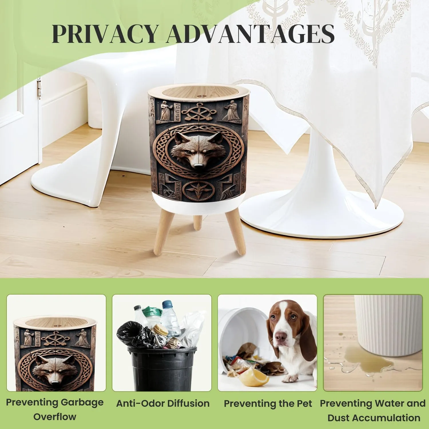 Small Trash Can with Lid Wolf Norse 3D Look Wood Carving Viking Fenrir Theme Head Knotwork Round Press Top Garbage Can with Legs Trash Bin Waste Basket for Kitchen Bedroom Bathroom 7L/1.8 Gallon