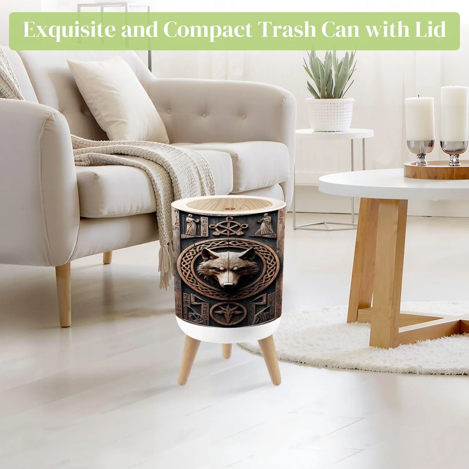 Small Trash Can with Lid Wolf Norse 3D Look Wood Carving Viking Fenrir Theme Head Knotwork Round Press Top Garbage Can with Legs Trash Bin Waste Basket for Kitchen Bedroom Bathroom 7L/1.8 Gallon