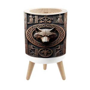 Small Trash Can with Lid Wolf Norse 3D Look Wood Carving Viking Fenrir Theme Head Knotwork Round Press Top Garbage Can with Legs Trash Bin Waste Basket for Kitchen Bedroom Bathroom 7L/1.8 Gallon