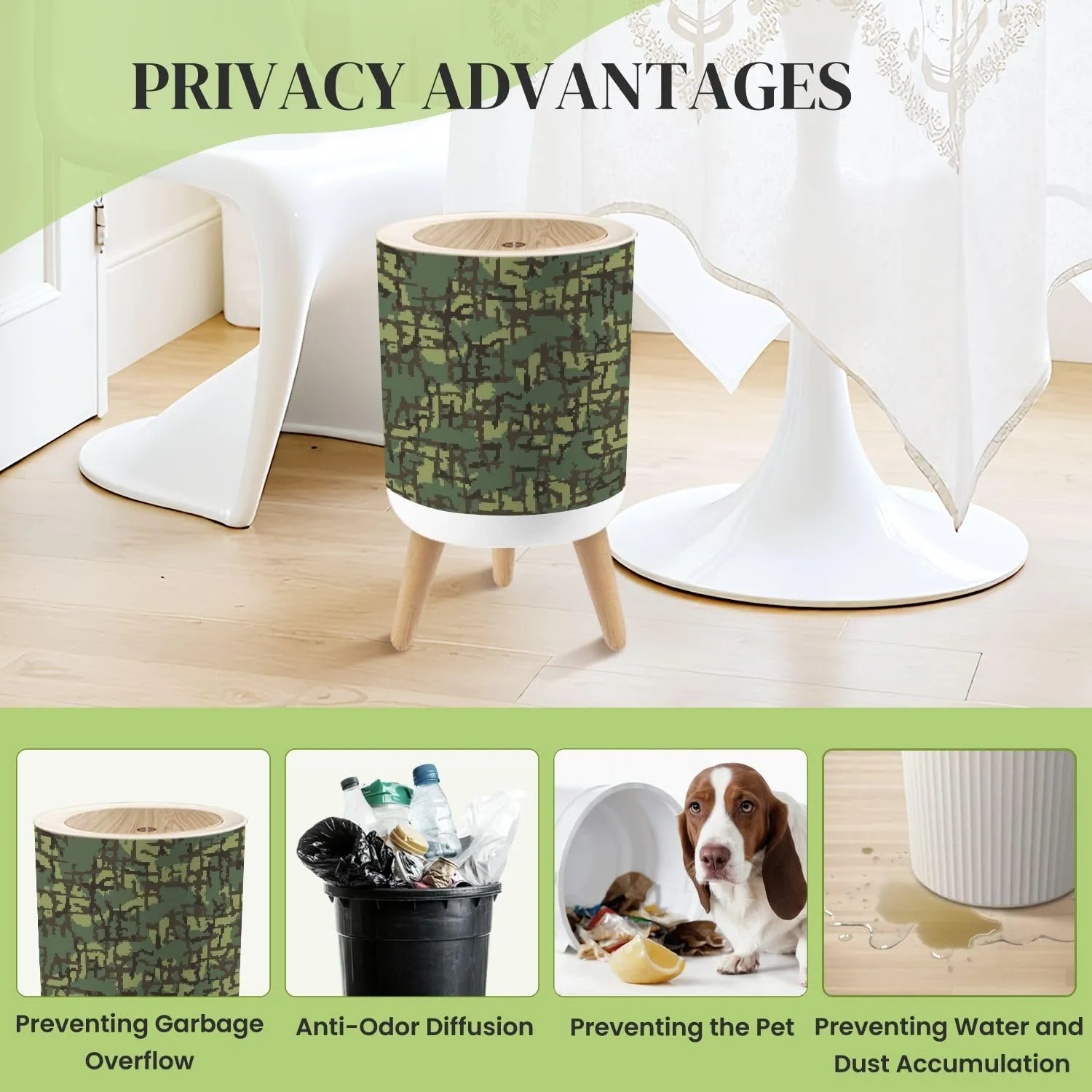 Small Trash Can with Lid Woodland camouflage seamless pattern incorporating tiny pixels Round Press Top Garbage Can with Legs Trash Bin Waste Basket for Kitchen Bedroom Bathroom 7L/1.8 Gallon