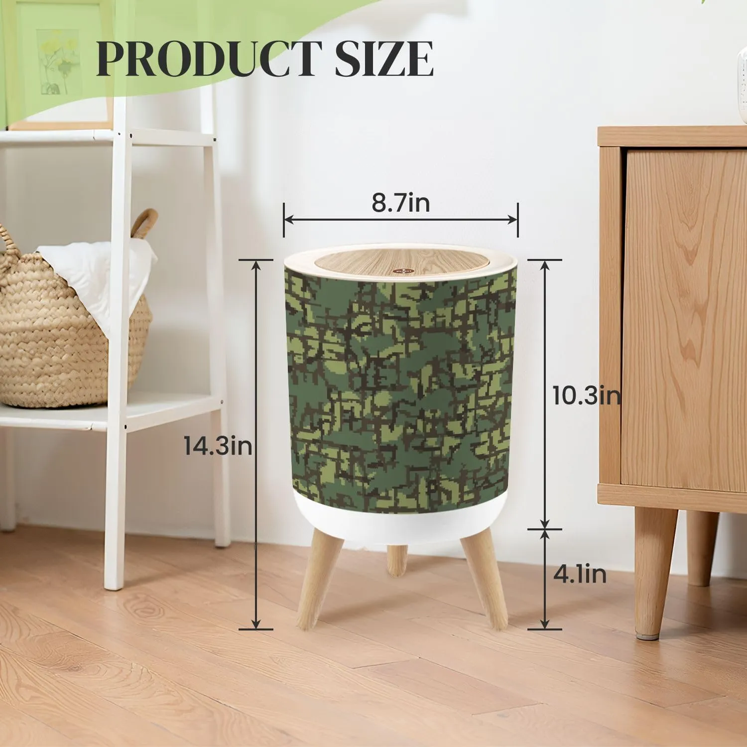 Small Trash Can with Lid Woodland camouflage seamless pattern incorporating tiny pixels Round Press Top Garbage Can with Legs Trash Bin Waste Basket for Kitchen Bedroom Bathroom 7L/1.8 Gallon