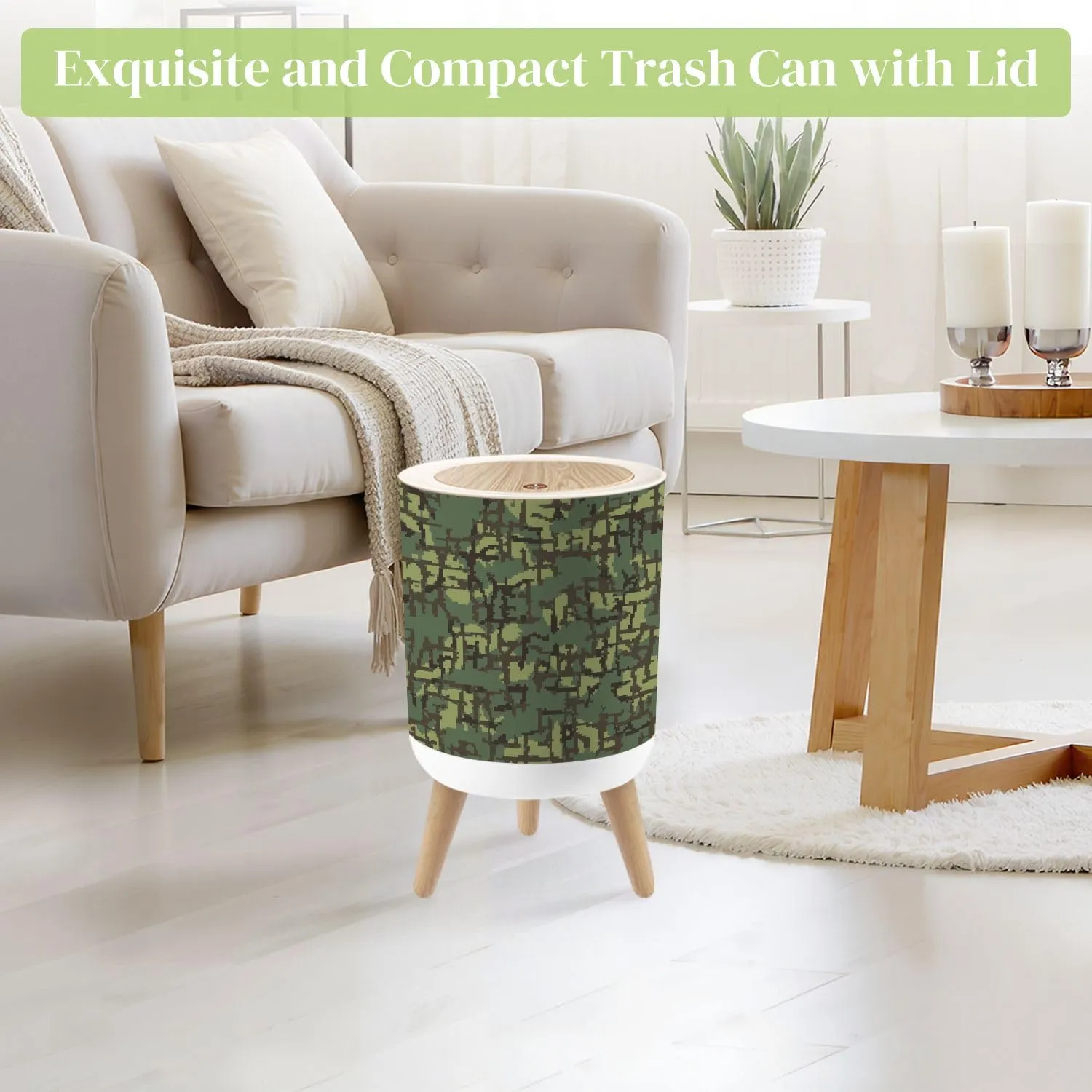 Small Trash Can with Lid Woodland camouflage seamless pattern incorporating tiny pixels Round Press Top Garbage Can with Legs Trash Bin Waste Basket for Kitchen Bedroom Bathroom 7L/1.8 Gallon