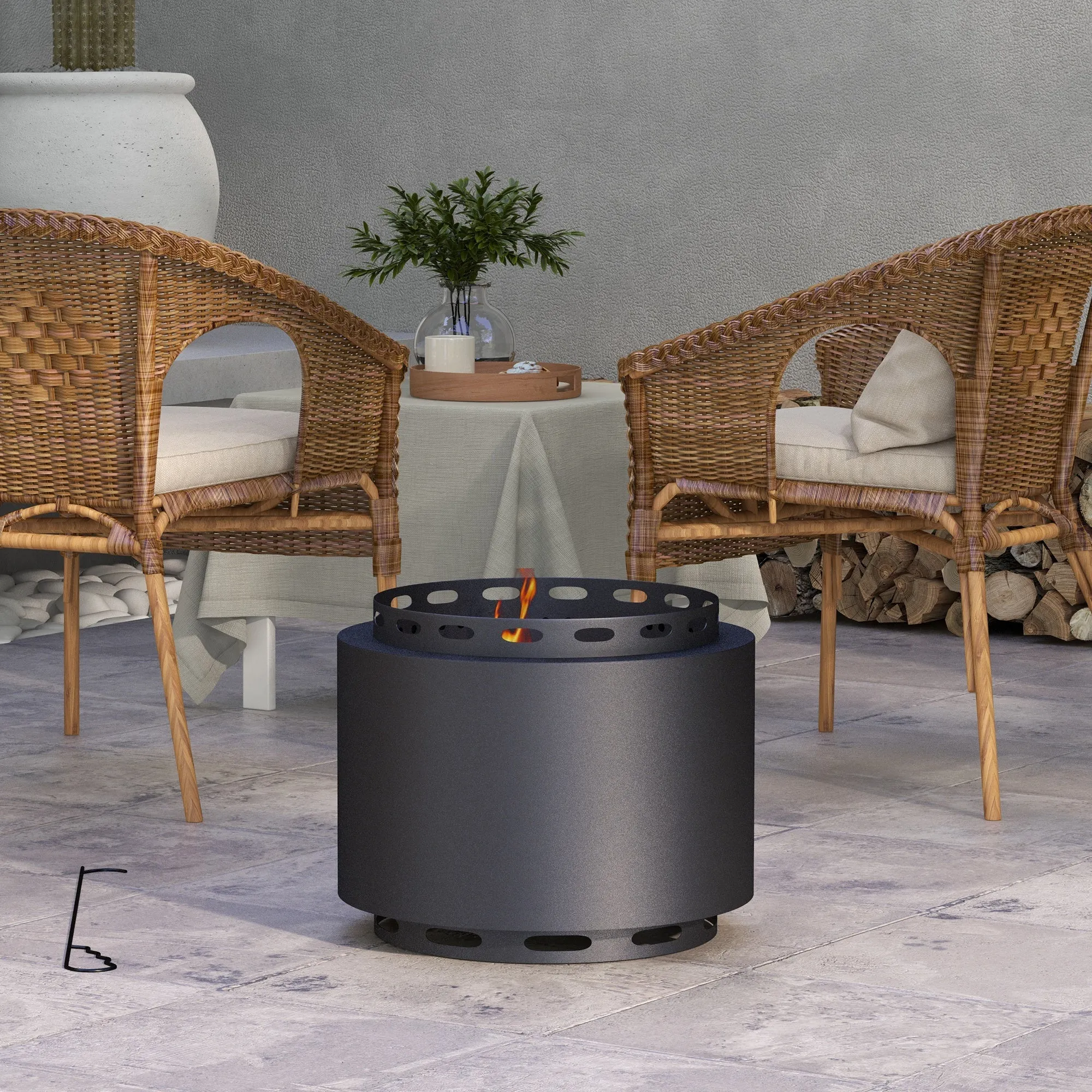 Smokeless Fire Pit, 48.5cm Portable Wood Burning Firepit with Poker for Garden Camping Bonfire Party, Metal, Black