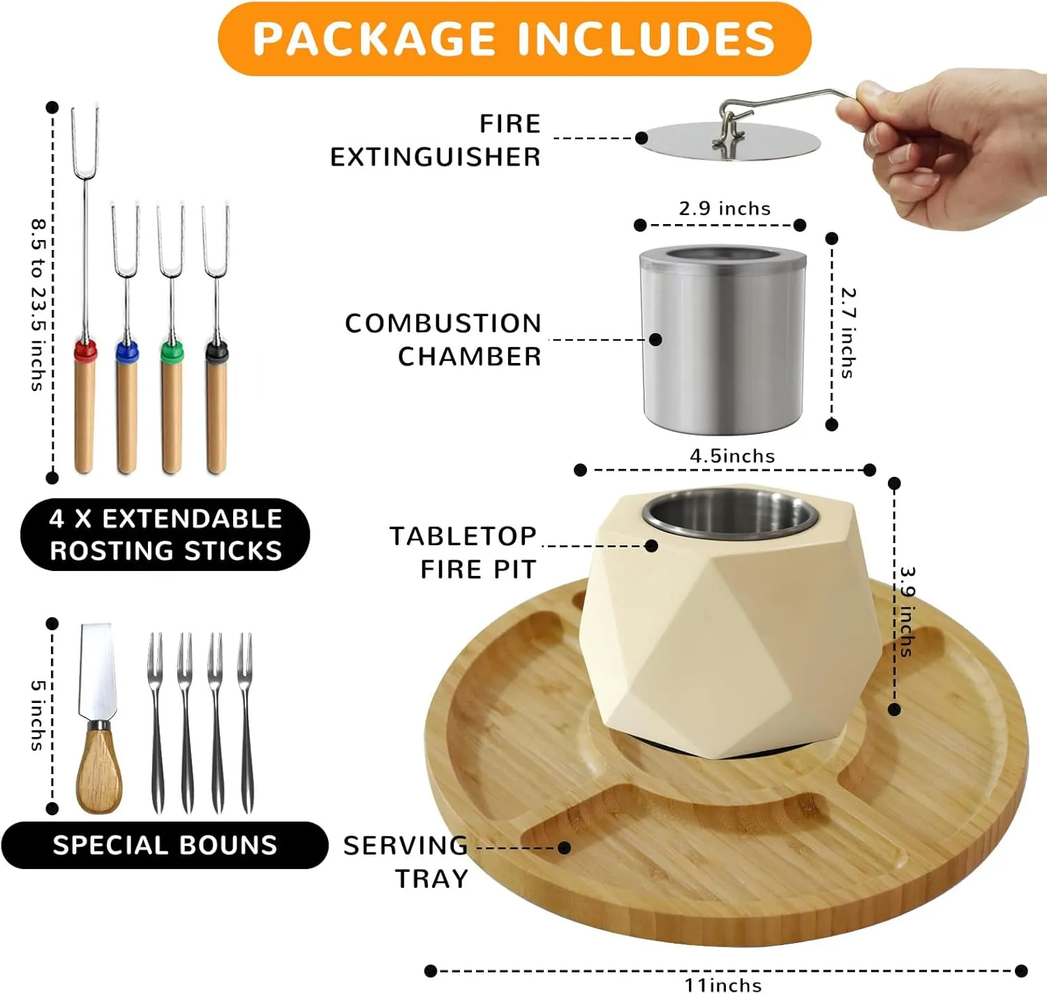 S'Mores Maker Fire Pit with 4 Extendable Roasting Sticks – Indoor & Outdoor Tabletop Fire Pit with Serving Tray, Concrete S'Mores Kit, Smokeless Gift for Patios & Parties