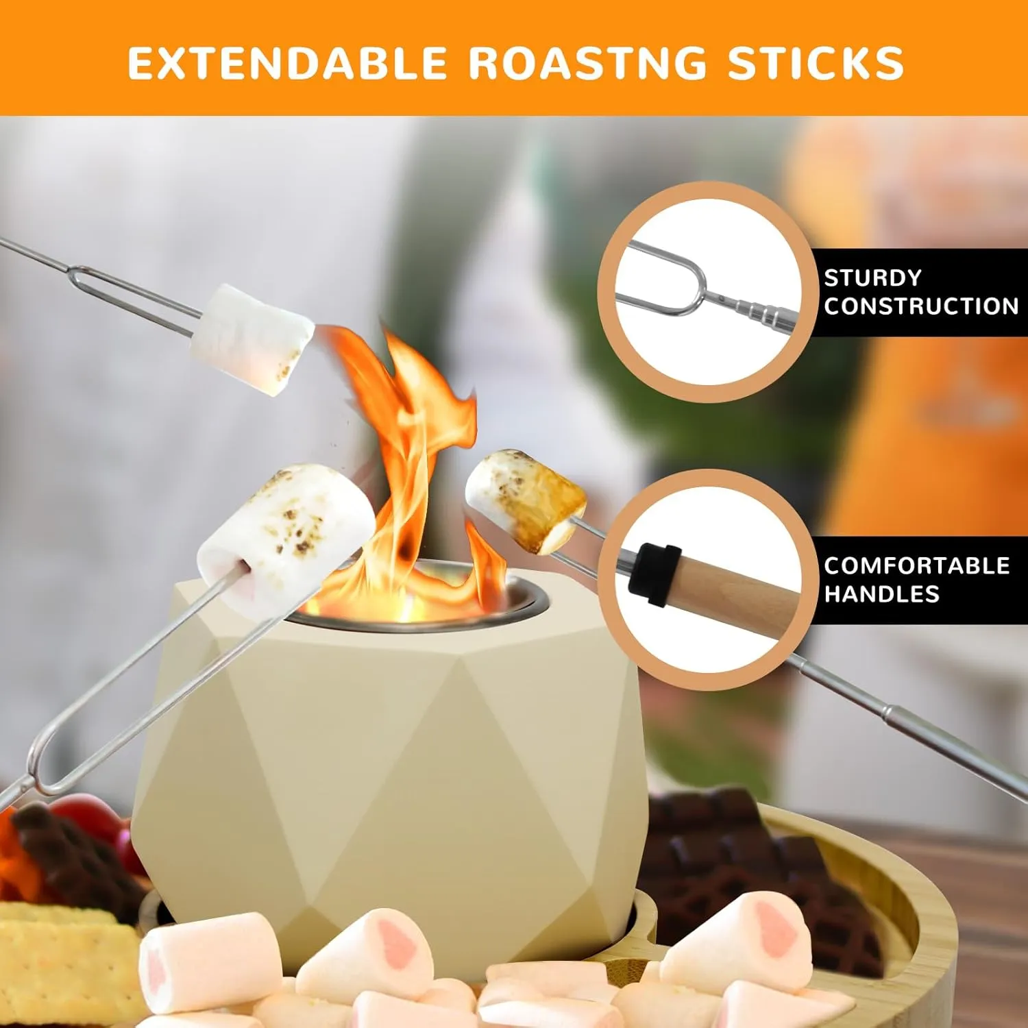 S'Mores Maker Fire Pit with 4 Extendable Roasting Sticks – Indoor & Outdoor Tabletop Fire Pit with Serving Tray, Concrete S'Mores Kit, Smokeless Gift for Patios & Parties