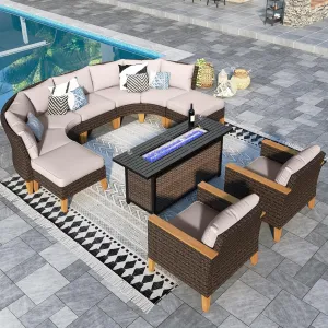 Sophia & William Patio Furniture Set with Fire Pit Table, 10 Piece Half Moon Outdoor Wicker Sectional Sofa Set, Rattan Conversation Set with 56-Inch Fire Pit Table for Backyard, Deck, Pool(Beige)