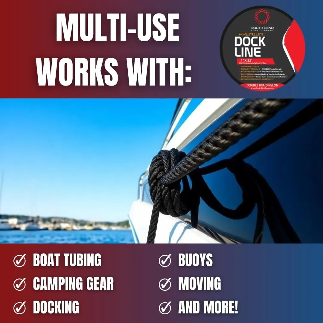South Bend Rope Marine Grade Double Braided Nylon Dock Line w/Eye Splice (Black, 5/8-inch x 20 feet)
