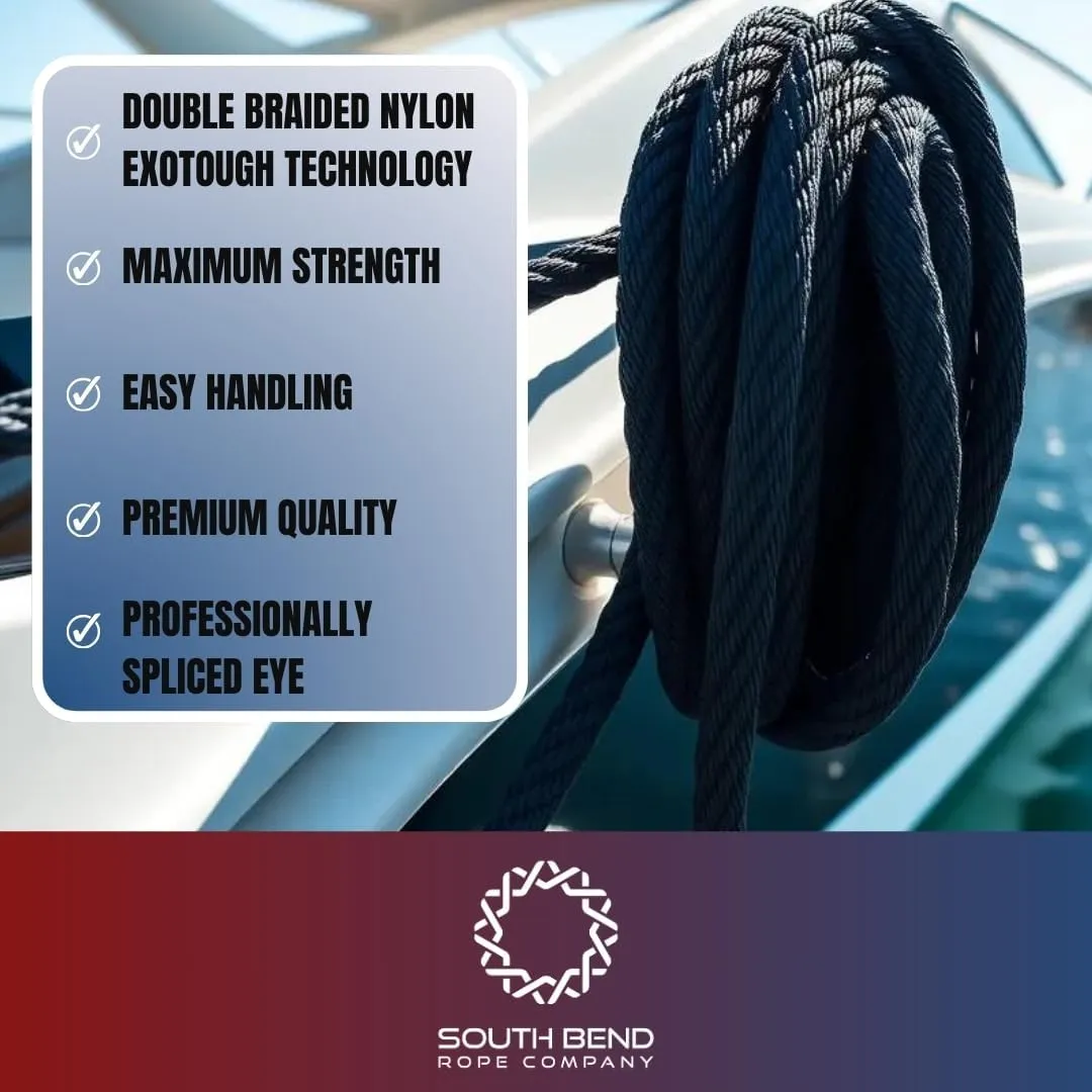 South Bend Rope Marine Grade Double Braided Nylon Dock Line w/Eye Splice (Black, 5/8-inch x 20 feet)