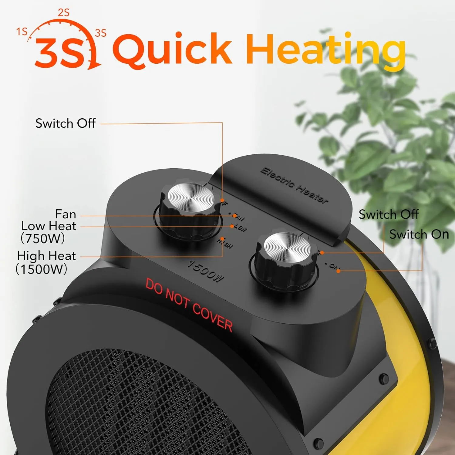 Space Heaters for Indoor Use, 1500W PTC Electric Heater with 90°Adjustable Angle, Fast Safety Heat, Small Portable Heater for Office Home(Yellow)