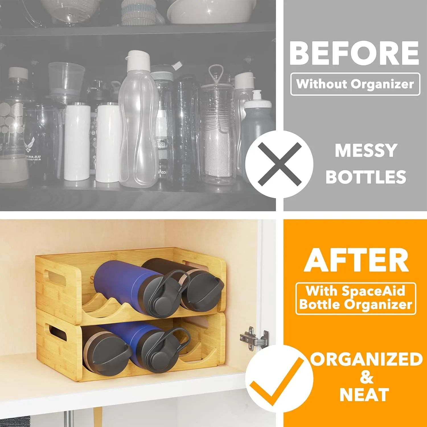SpaceAid Bamboo Water Bottle Organizer with Labels for Kitchen and Pantry, Storage Rack for Cabinets, Home Cup and Wine Bottle Holder Shelf Organizers, 2 Pack 3-Slot, Hold 6 Bottles