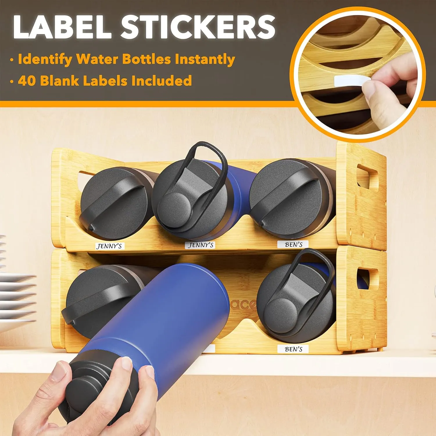 SpaceAid Bamboo Water Bottle Organizer with Labels for Kitchen and Pantry, Storage Rack for Cabinets, Home Cup and Wine Bottle Holder Shelf Organizers, 2 Pack 3-Slot, Hold 6 Bottles