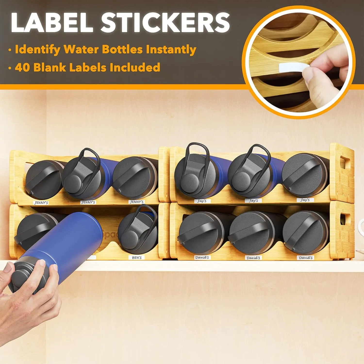 SpaceAid Bamboo Water Bottle Organizer with Labels, Kitchen Pantry Water Bottle Storage Rack for Cabinets, Home Cup and Wine Bottle Holder Shelf Organizers, 4 Pack 3-Slot, Hold 12 Bottles