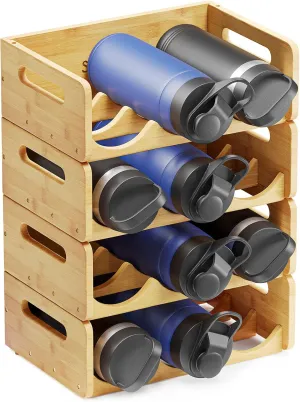 SpaceAid Bamboo Water Bottle Organizer with Labels, Kitchen Pantry Water Bottle Storage Rack for Cabinets, Home Cup and Wine Bottle Holder Shelf Organizers, 4 Pack 3-Slot, Hold 12 Bottles
